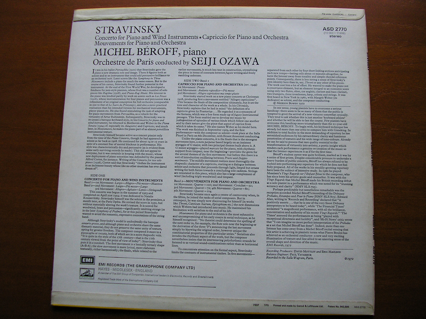 STRAVINSKY: PIANO CONCERTO / CAPRICCIO / MOUVEMENTS   BEROFF / ORCHESTRA de PARIS / OZAWA     ASD 2770