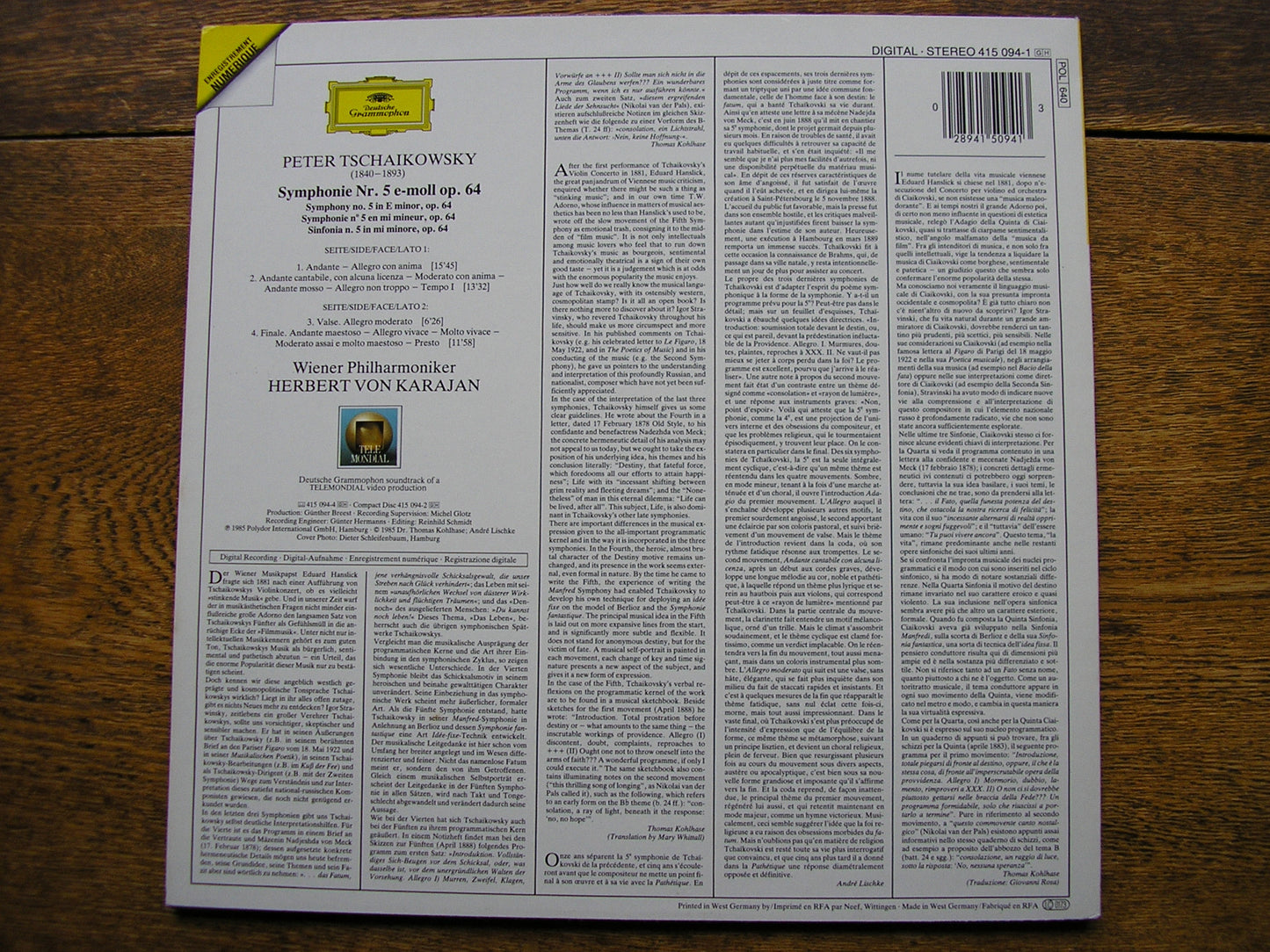 TCHAIKOVSKY: SYMPHONY No. 5  KARAJAN / VIENNA PHILHARMONIC  415 094