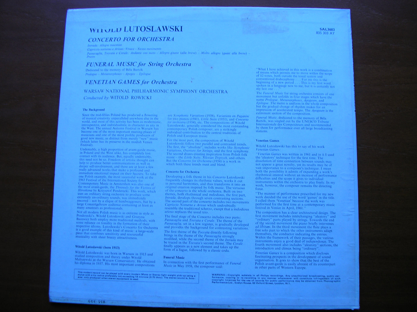 LUTOSLAWSKI: CONCERTO FOR ORCHESTRA / FUNERAL MUSIC / VENETIAN GAMES    ROWICKI / WARSAW SYMPHONY    SAL 3683