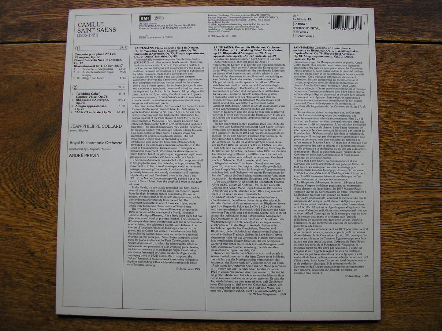 SAINT - SAENS: PIANO CONCERTO No. 1  COLLARD / ROYAL PHILHARMONIC / PREVIN  749757