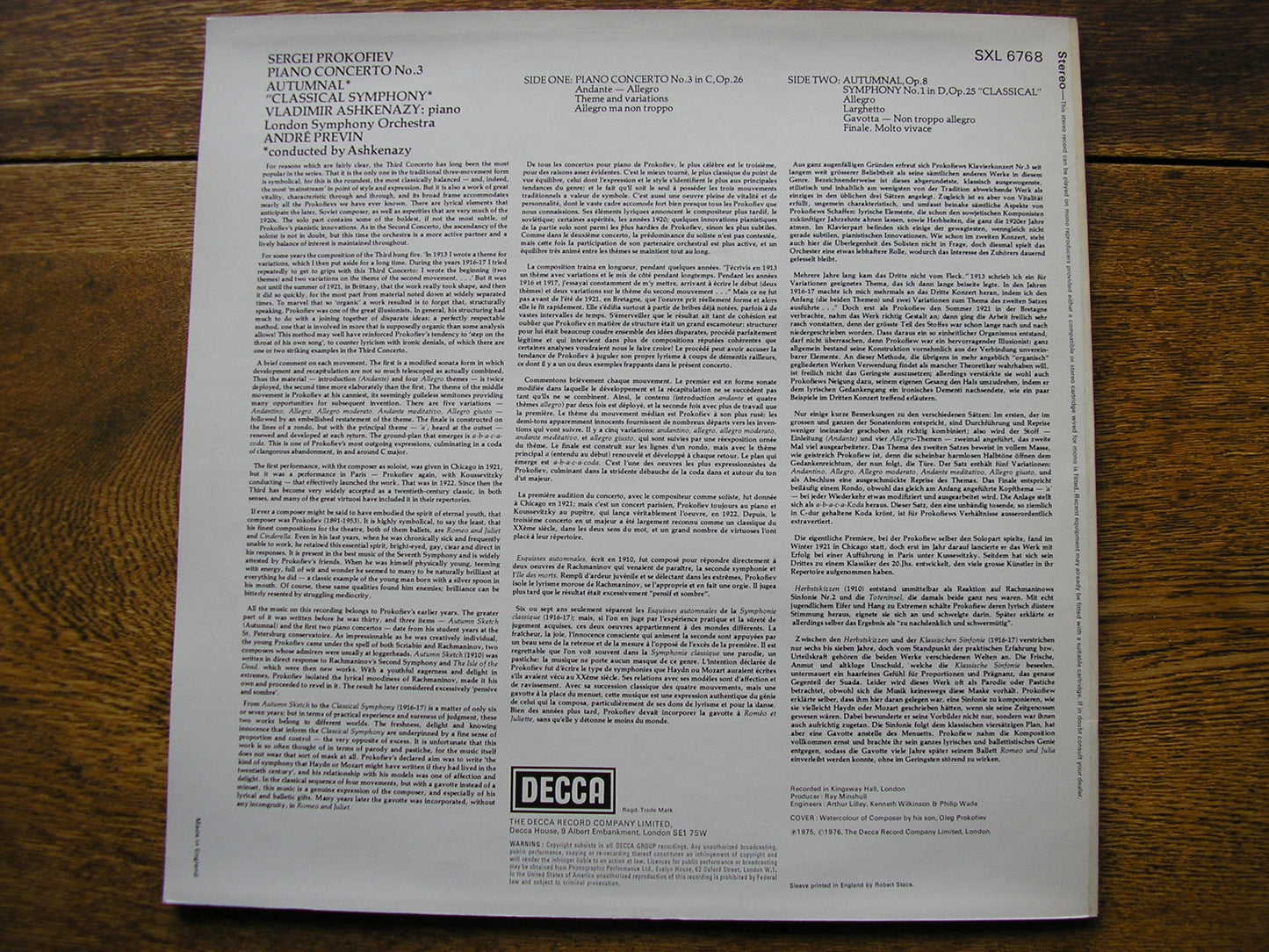 PROKOFIEV: PIANO CONCERTO No. 3 / CLASSICAL SYMPHONY  ASHKENAZY / LONDON SYMPHONY / PREVIN   SXL 6768