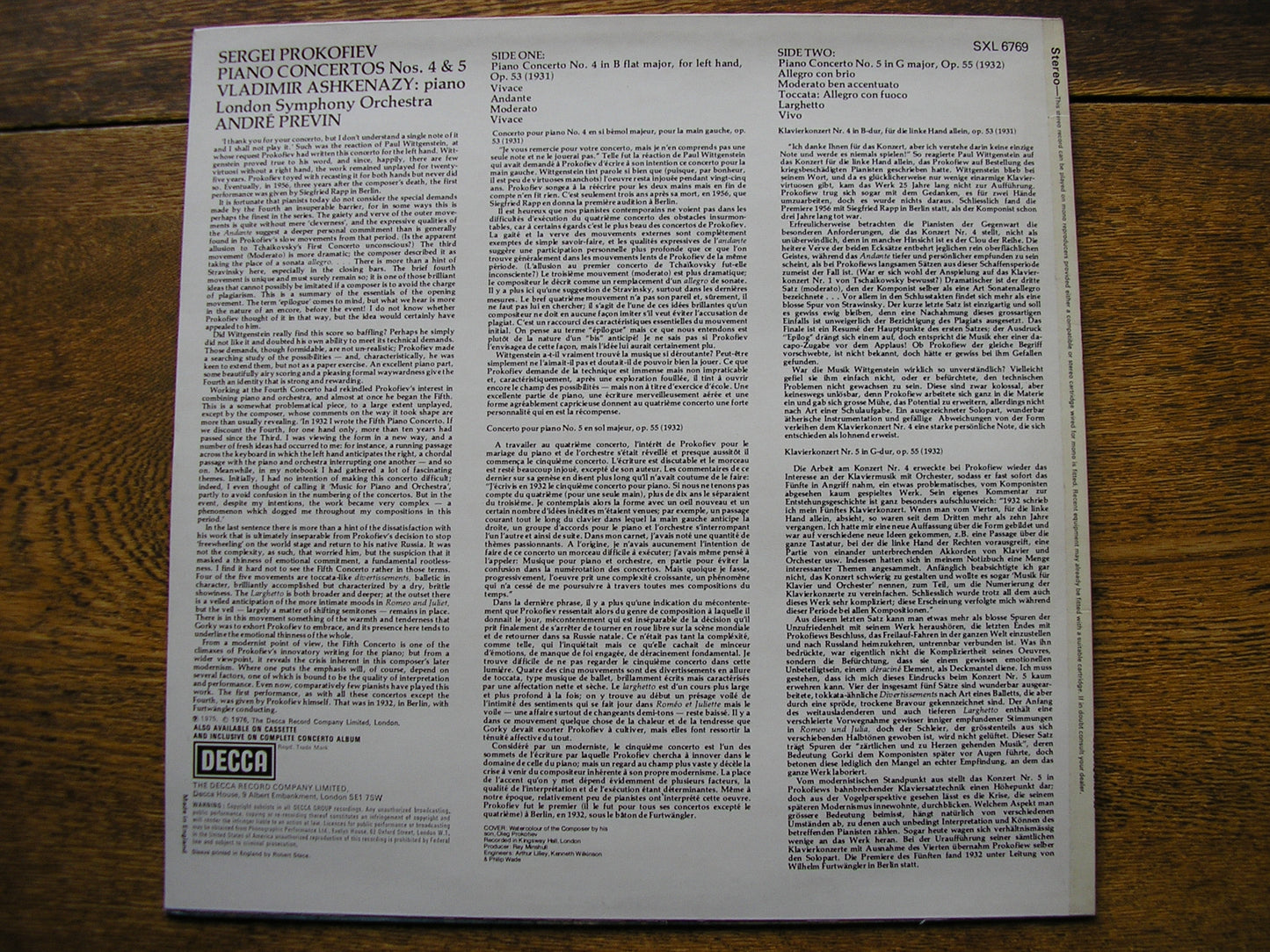 PROKOFIEV: PIANO CONCERTOS Nos. 4 & 5   ASHKENAZY / LONDON SYMPHONY / PREVIN   SXL 6769