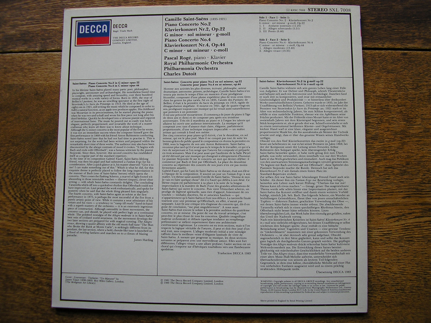SAINT - SAENS: PIANO CONCERTOS Nos. 2 & 4   PASCAL ROGE / ROYAL PHILHARMONIC / DUTOIT    SXL 7008