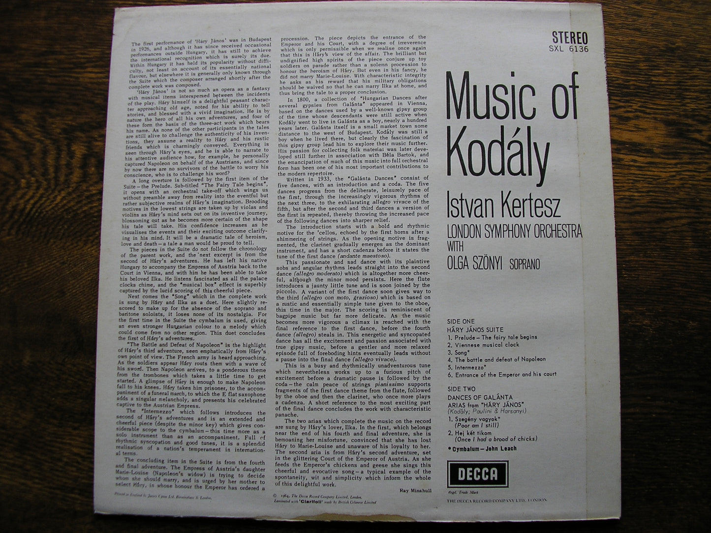 KODALY: HARY JANOS Suite / DANCES OF GALANTA    KERTESZ / LONDON SYMPHONY  SXL 6136