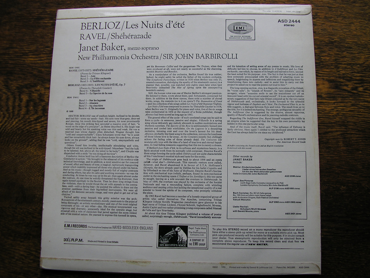 BERLIOZ: LES NUITS D'ETE / RAVEL: SHEHERAZADE   BAKER / NEW PHILHARMONIA / BARBIROLLI  ASD 2444