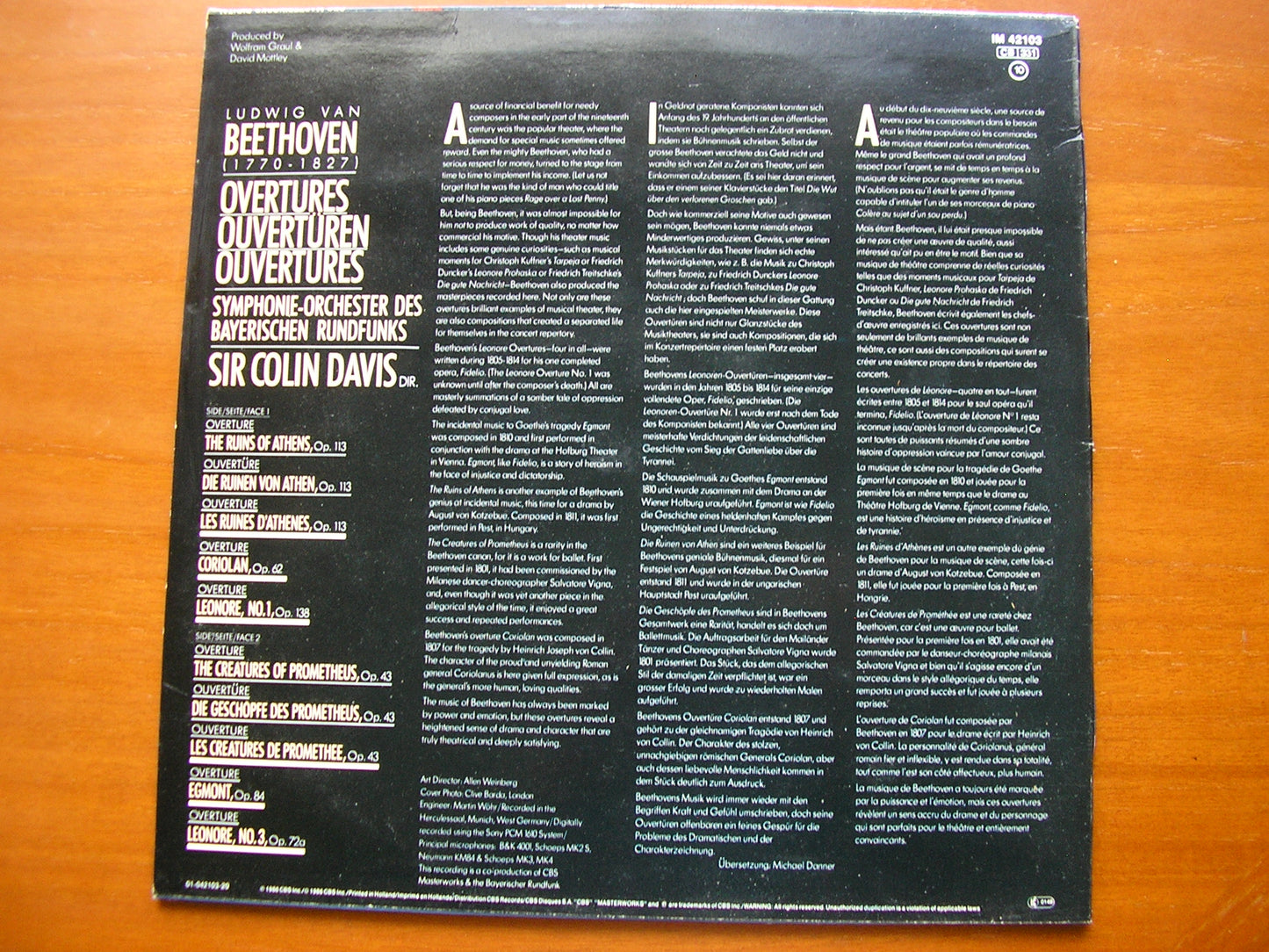 BEETHOVEN: OVERTURES Leonore No. 1 / Leonore No. 3 / Egmont / Coriolan / The Ruins of Athens / The Creatures of Prometheus    DAVIS / BAVARIAN RADIO ORCHESTRA    IM 42103