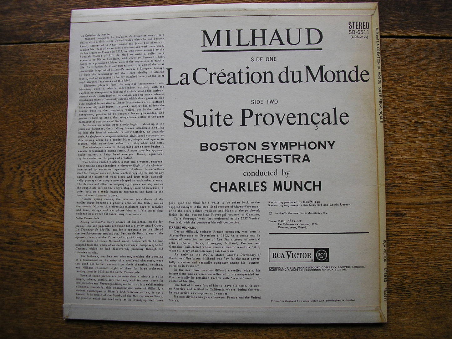 MILHAUD: LA CREATION DU MONDE / SUITE PROVENCALE   MUNCH / BOSTON SYMPHONY   SB 6511