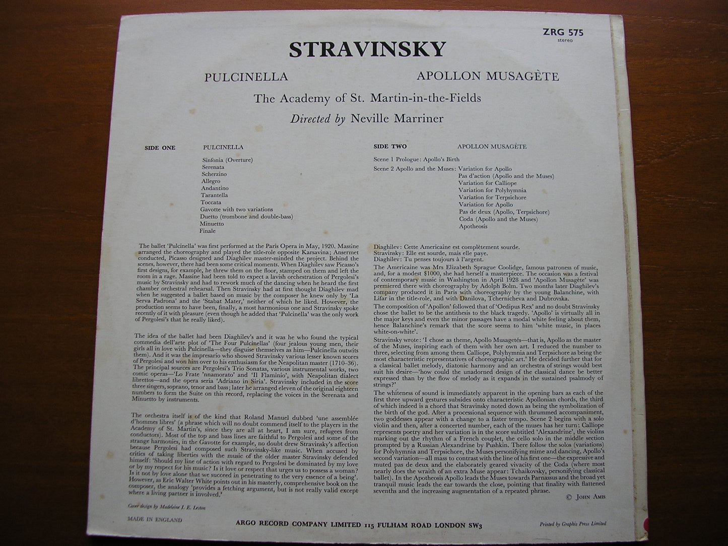 STRAVINSKY: PULCINELLA / APOLLON MUSAGETE    MARRINER / ASMIF ZRG 575