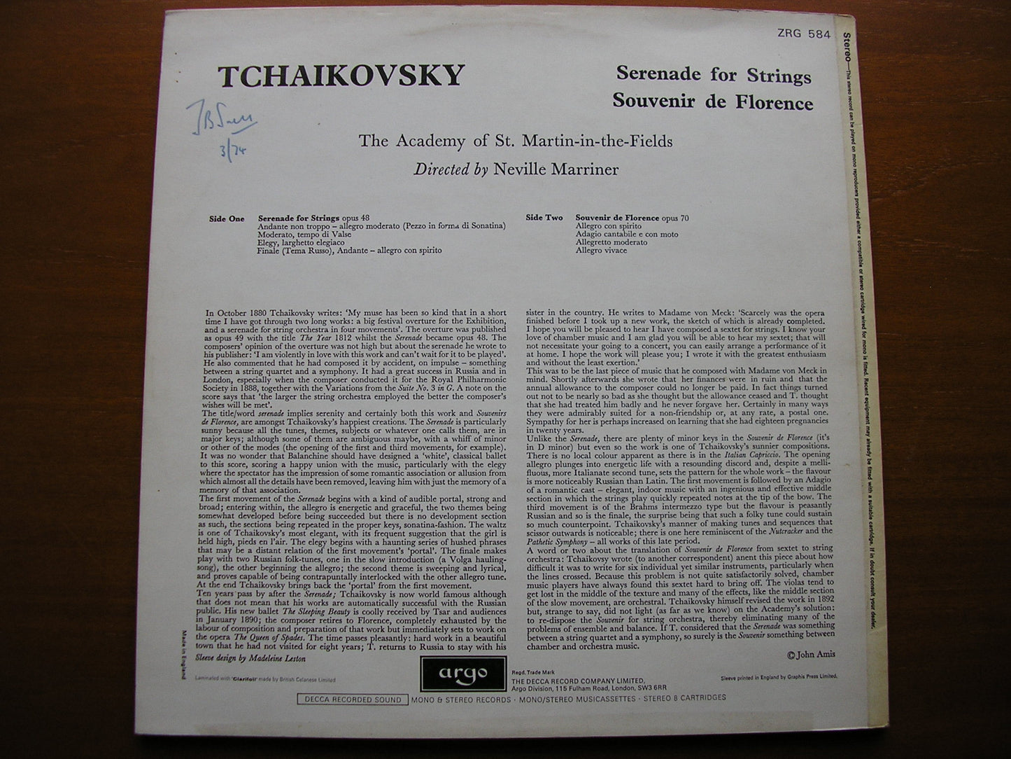 TCHAIKOVSKY: SERENADE FOR STRINGS / SOUVENIR DE FLORENCE   MARRINER / ASMIF   ZRG 584