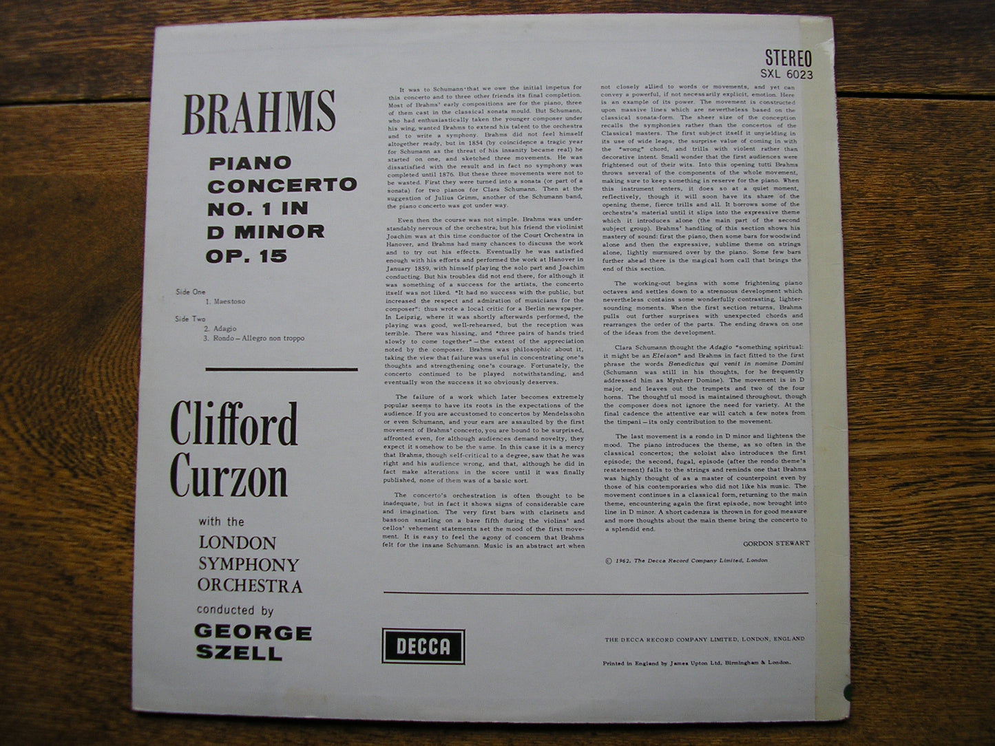 SXL 6023  BRAHMS: PIANO CONCERTO No. 1   CURZON / LONDON SYMPHONY / SZELL      ED2