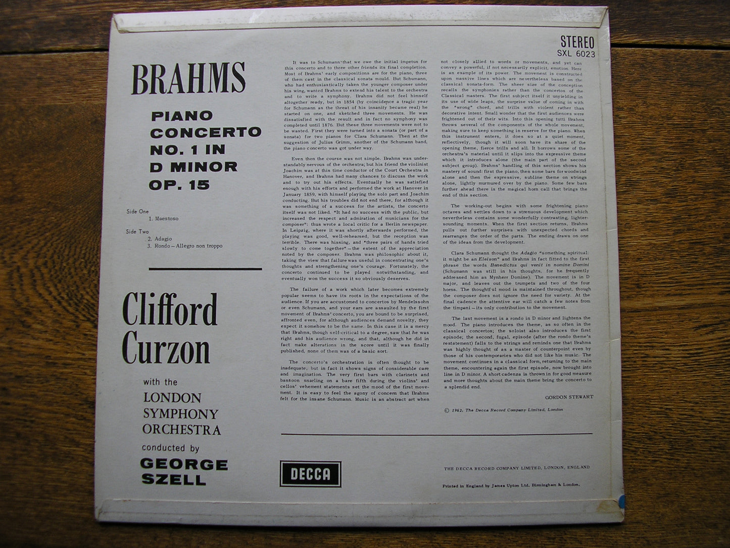 BRAHMS: PIANO CONCERTO No. 1   CURZON / LONDON SYMPHONY / SZELL   SXL 6023