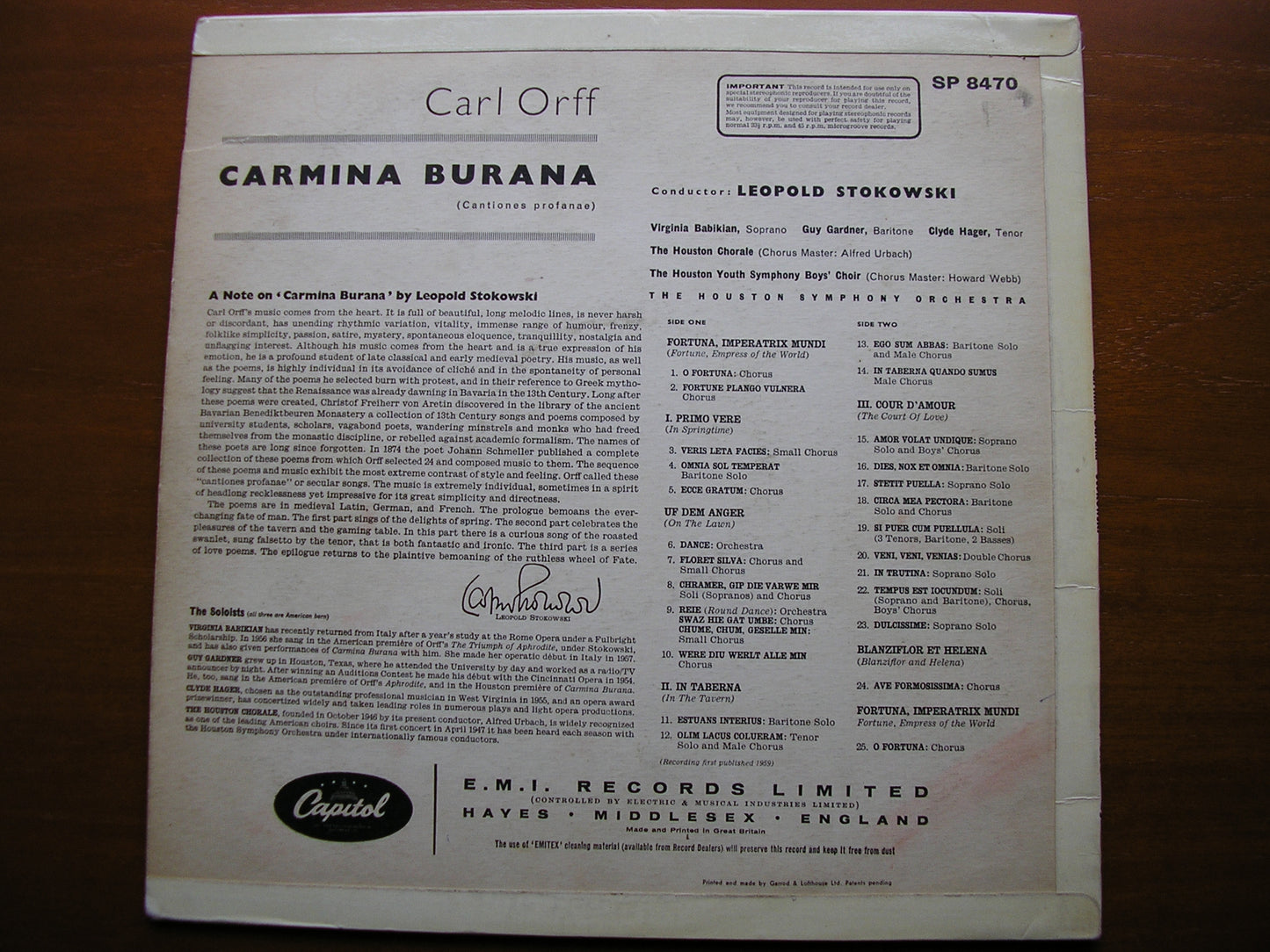 ORFF: CARMINA BURANA   SOLOISTS / HOUSTON SYMPHONY / LEOPOLD STOKOWSKI    SP 8470