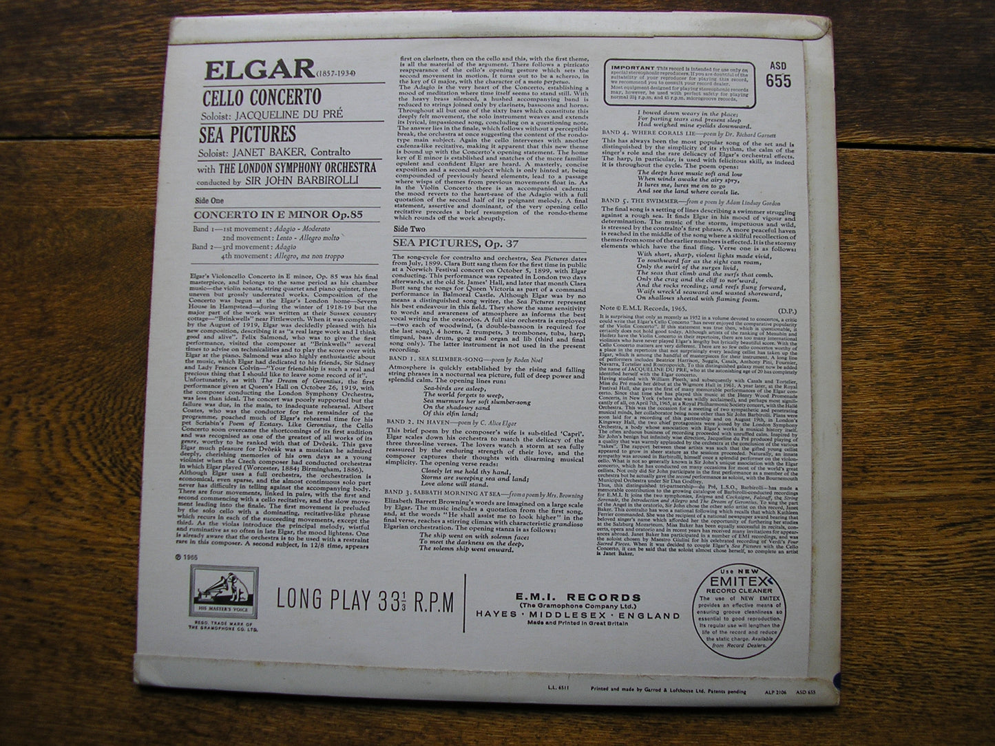 ELGAR: CELLO CONCERTO / SEA PICTURES   DU PRE / BAKER / LONDON SYMPHONY / BARBIROLLI   ASD 655