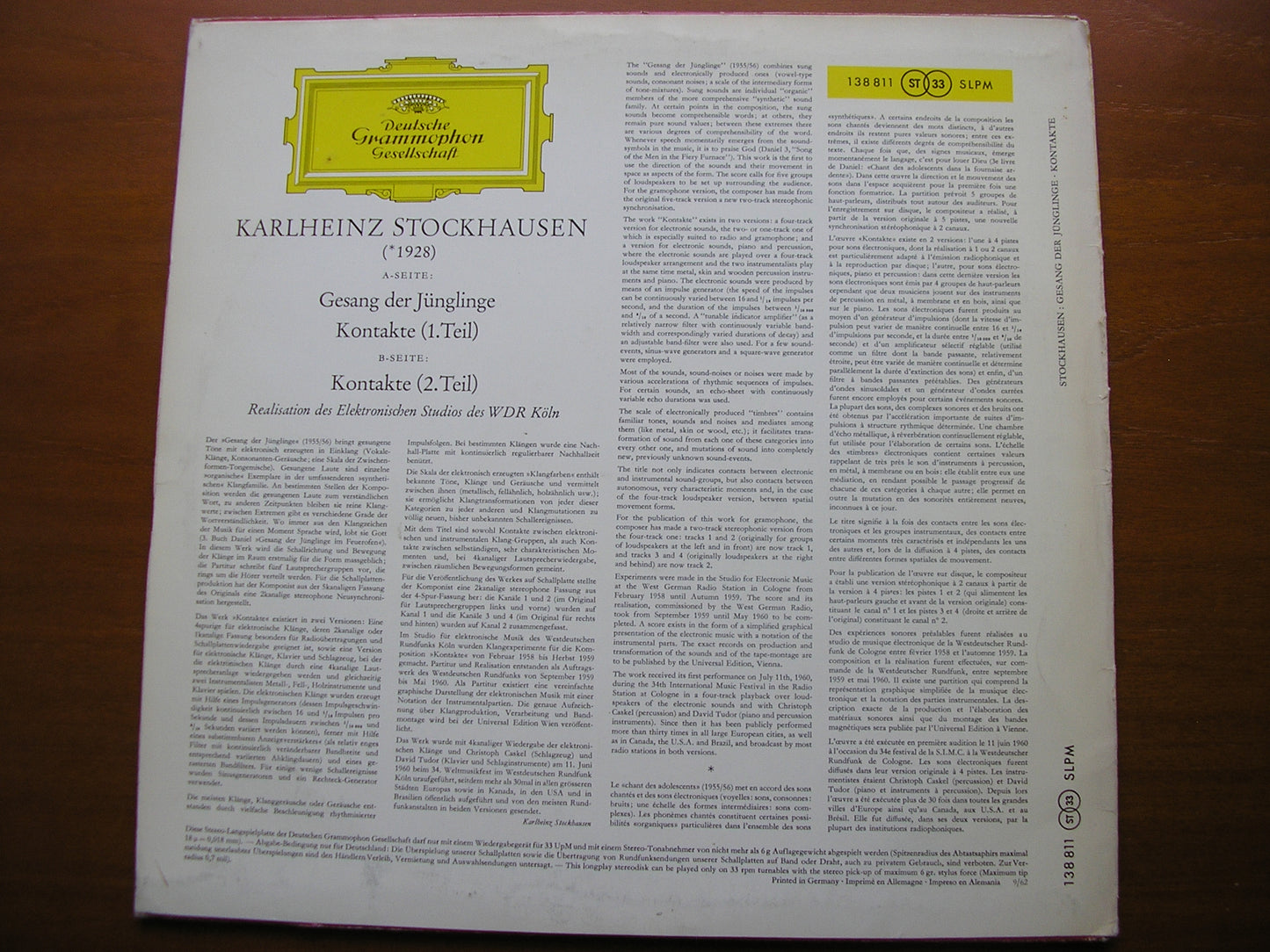 STOCKHAUSEN: GESANG DER JUNGLINGE / KONTAKTE    STUDIO FOR ELECTRONIC MUSIC COLOGNE*     138 811