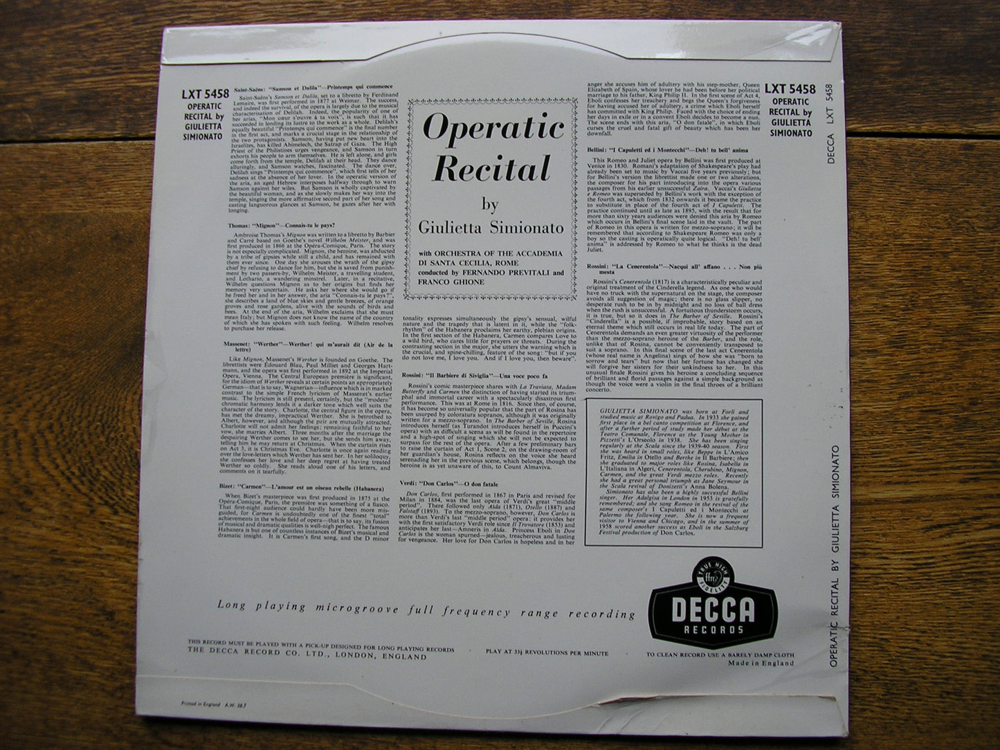 OPERATIC RECITAL: VERDI / BIZET / ROSSINI / MASSENET / BELLINI / THOMAS   GIULIETTA SIMIONATO   LXT 5458
