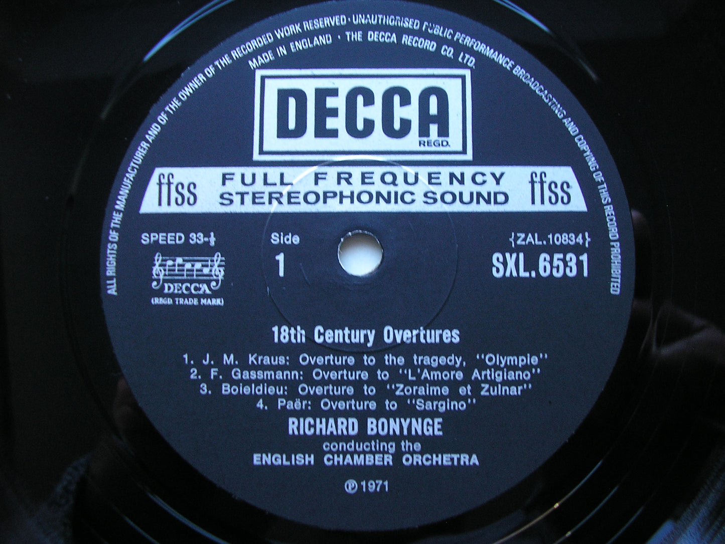 18th CENTURY OVERTURES RICHARD BONYNGE / ENGLISH CHAMBER ORCHESTRA SXL 6531