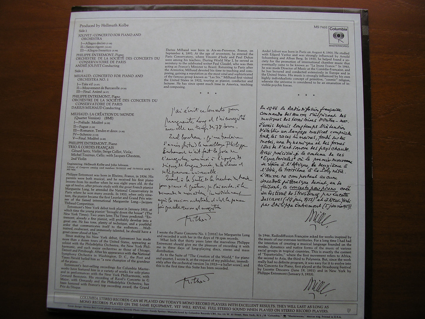 MILHAUD & JOLIVET: PIANO CONCERTOS    ENTREMONT / PARIS CONSERVATOIRE ORCHESTRA / MILHAUD / JOLIVET   MS 7432
