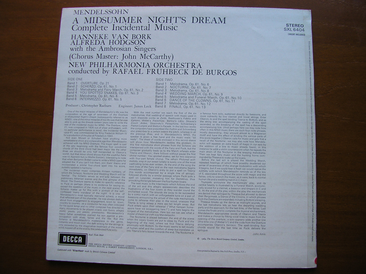 MENDELSSOHN: A MIDSUMMER NIGHT'S DREAM     SOLOISTS / NEW PHILHARMONIA / DE BURGOS     SXL 6404