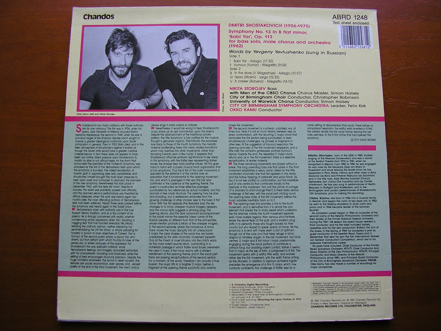SHOSTAKOVICH: SYMPHONY No. 13 'Babi Yar'    STOROJEV / CITY OF BIRMINGHAM SYMPHONY / KAMU    ABRD 1248
