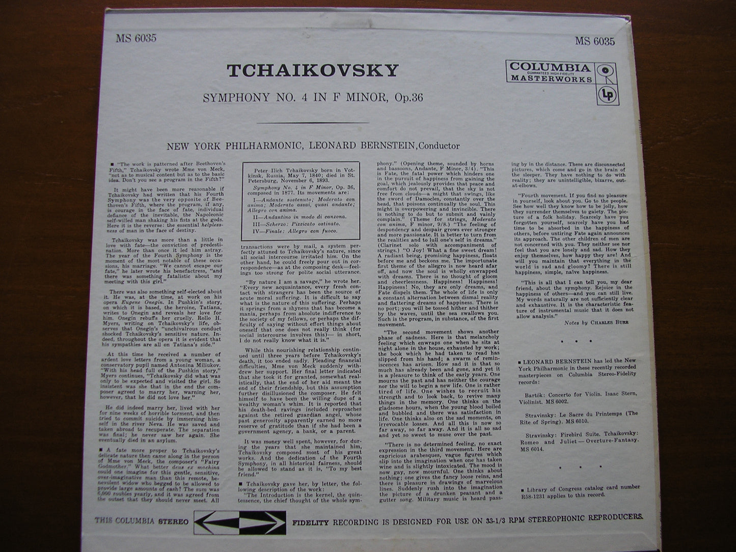 TCHAIKOVSKY: SYMPHONY No. 4   BERNSTEIN / NEW YORK PHILHARMONIC  MS6035