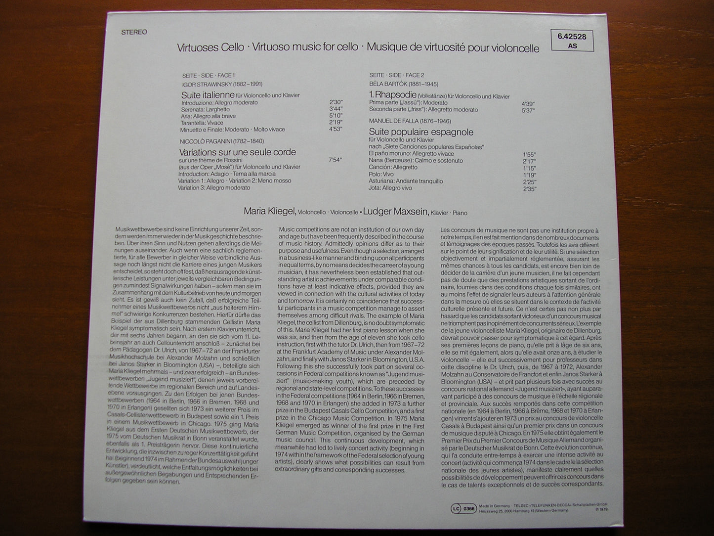 PAGANINI / BARTOK / FALLA / STRAVINSKY: MUSIC FOR CELLO   KLIEGEL / MAXSEIN   6.42528