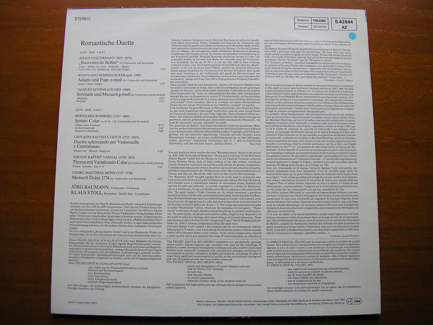ROMANTIC DUETS FOR CELLO & DOUBLE BASS: OFFENBACH / ROMBERG / VANHAL / VIOTTI / MONN / GOLTERMANN    STOLL / BAUMANN   6.42844