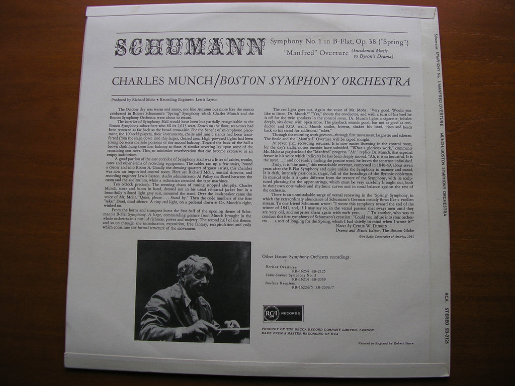Spring Symphony SCHUMANN: SYMPHONY No. 1 'Spring' / MANFRED OVERTURE CHARLES MUNCH / B ...