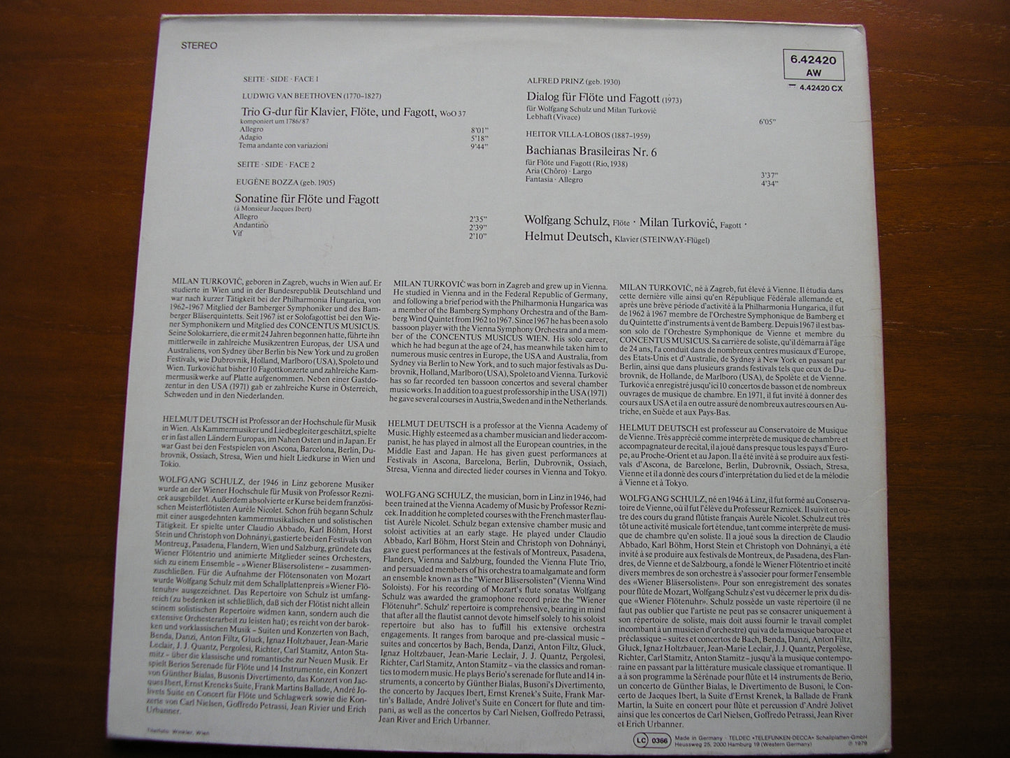 MUSIC FOR FLUTE, BASSOON & PIANO: BEETHOVEN / BOZZA / PRINZ / VILLA-LOBOS   TURKOVIC / SCHULZ / DEUTSCH   6.42420