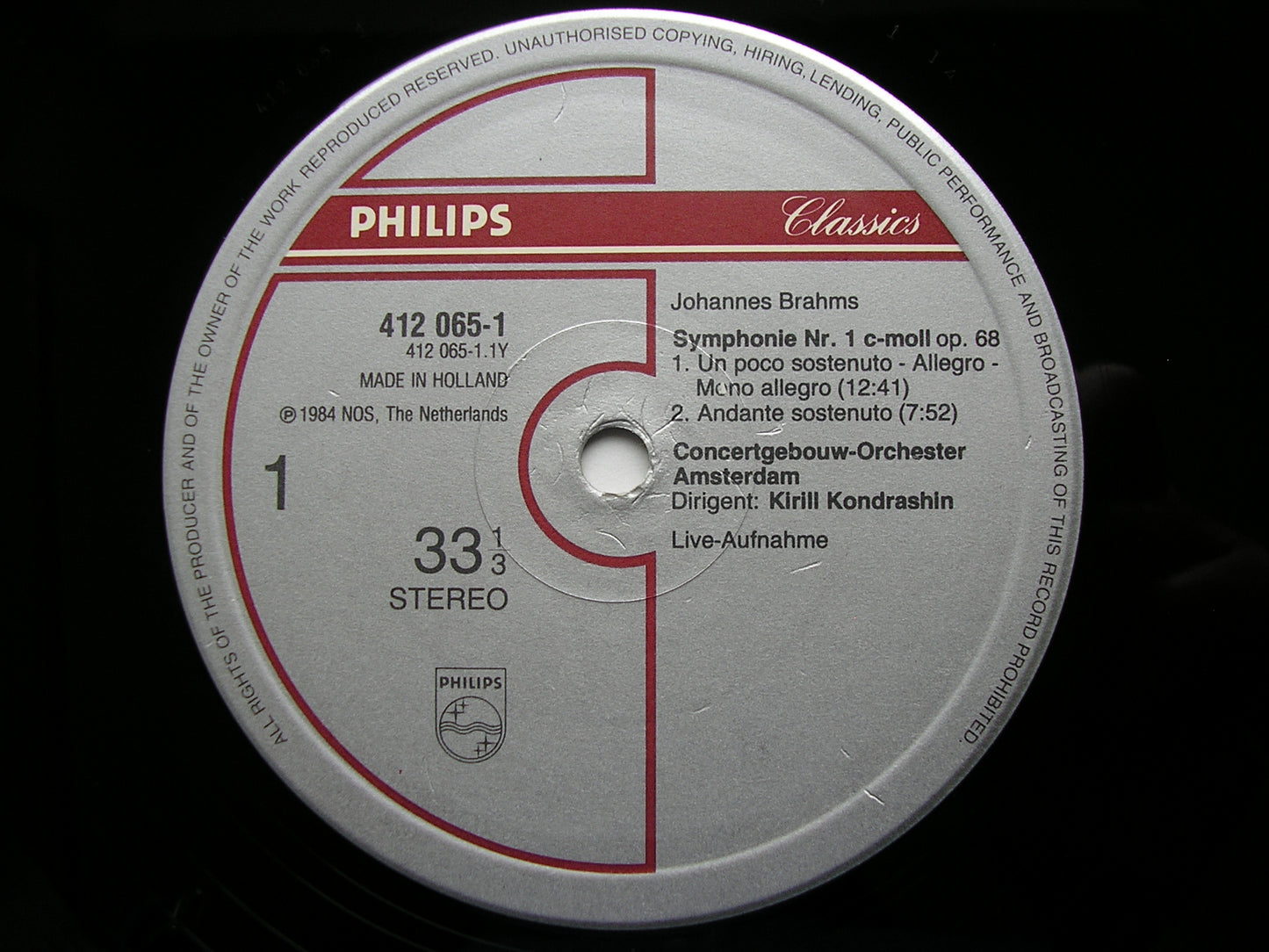 BRAHMS: SYMPHONY No. 1   KONDRASHIN / CONCERTGEBOUW AMSTERDAM   412 065