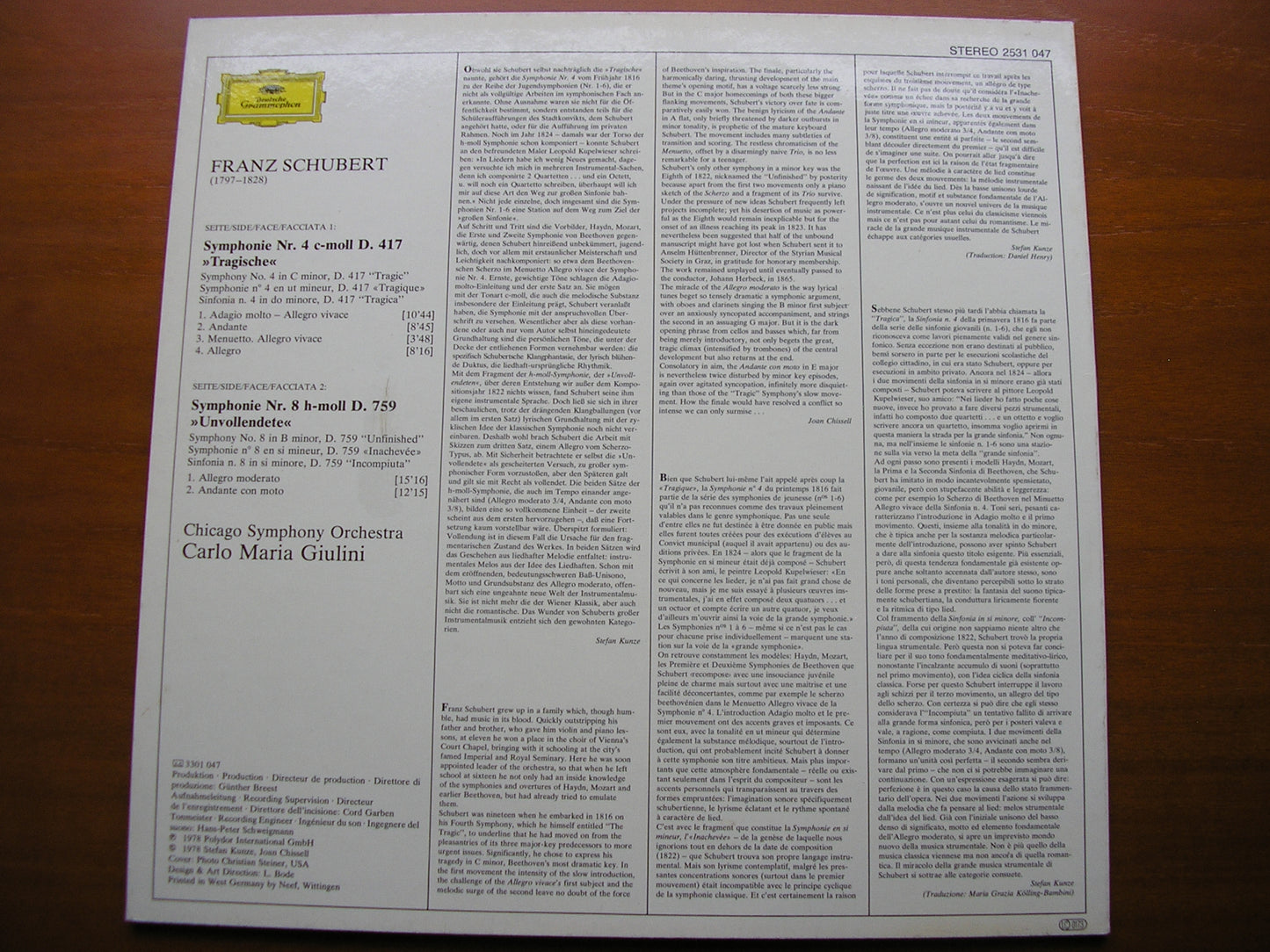 SCHUBERT: SYMPHONIES Nos. 4 'TRAGIC' & 8 'UNFINISHED'     GIULINI / CHICAGO SYMPHONY    2531 047