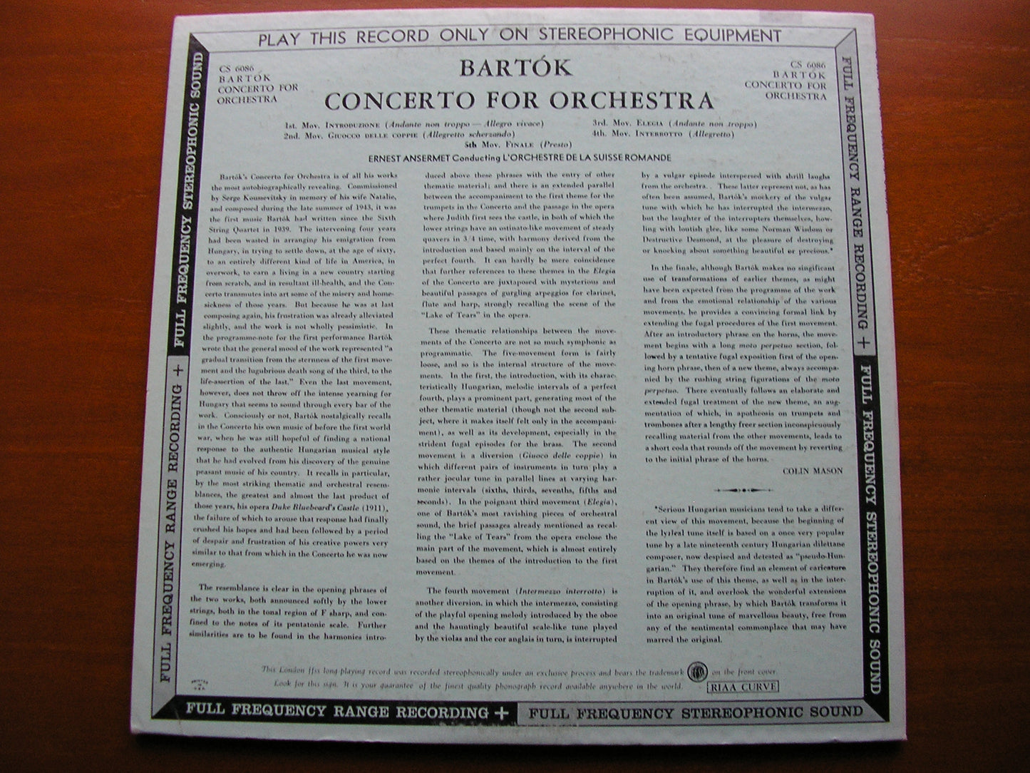 BARTOK: CONCERTO FOR ORCHESTRA   ANSERMET / SUISSE ROMANDE   CS 6086
