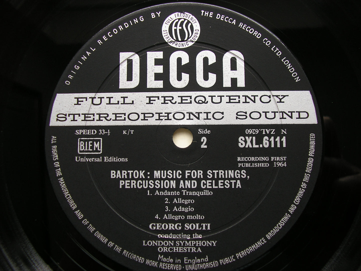 BARTOK: MUSIC FOR STRINGS, PERCUSSION & CELESTA / THE MIRACULOUS MANDARIN    SOLTI / LONDON SYMPHONY   SXL 6111