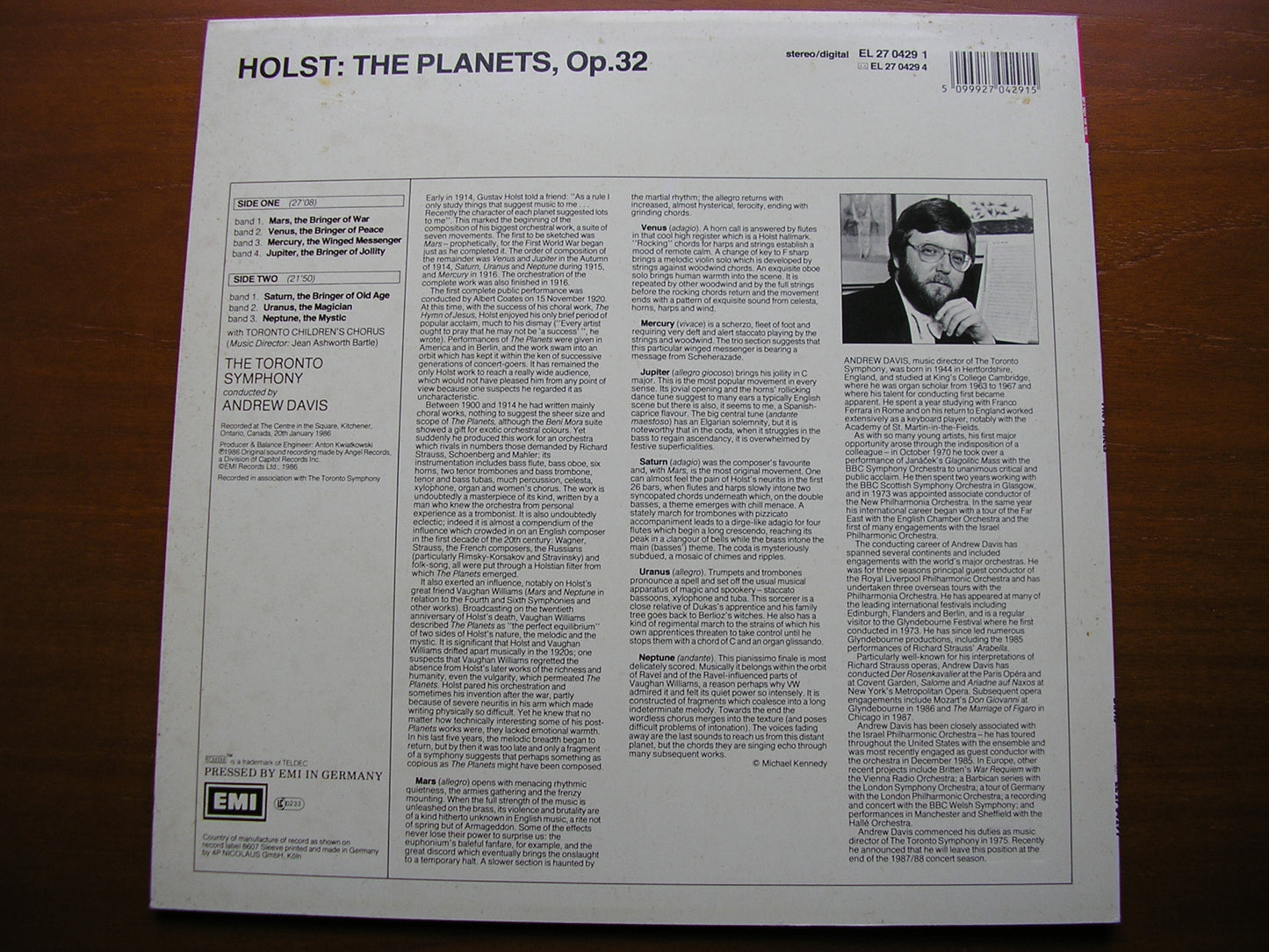 HOLST: THE PLANETS   DAVIS / TORONTO SYMPHONY ORCHESTRA   EL 27 0429