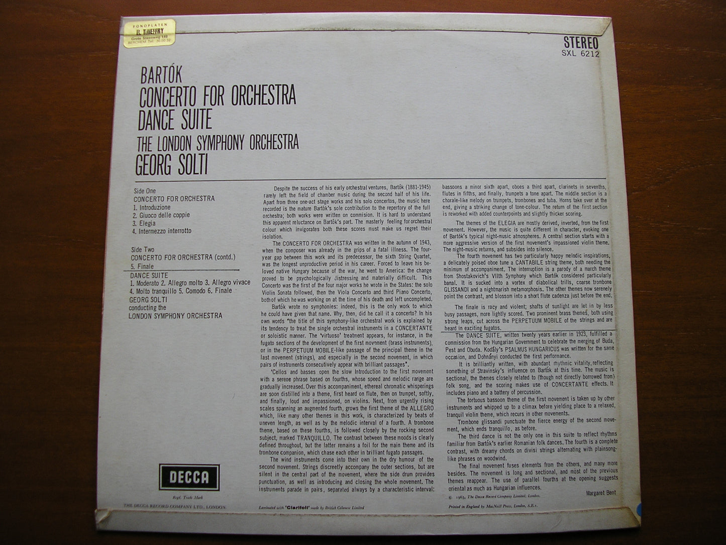 BARTOK: CONCERTO FOR ORCHESTRA / DANCE SUITE   SOLTI / LONDON SYMPHONY   SXL 6212