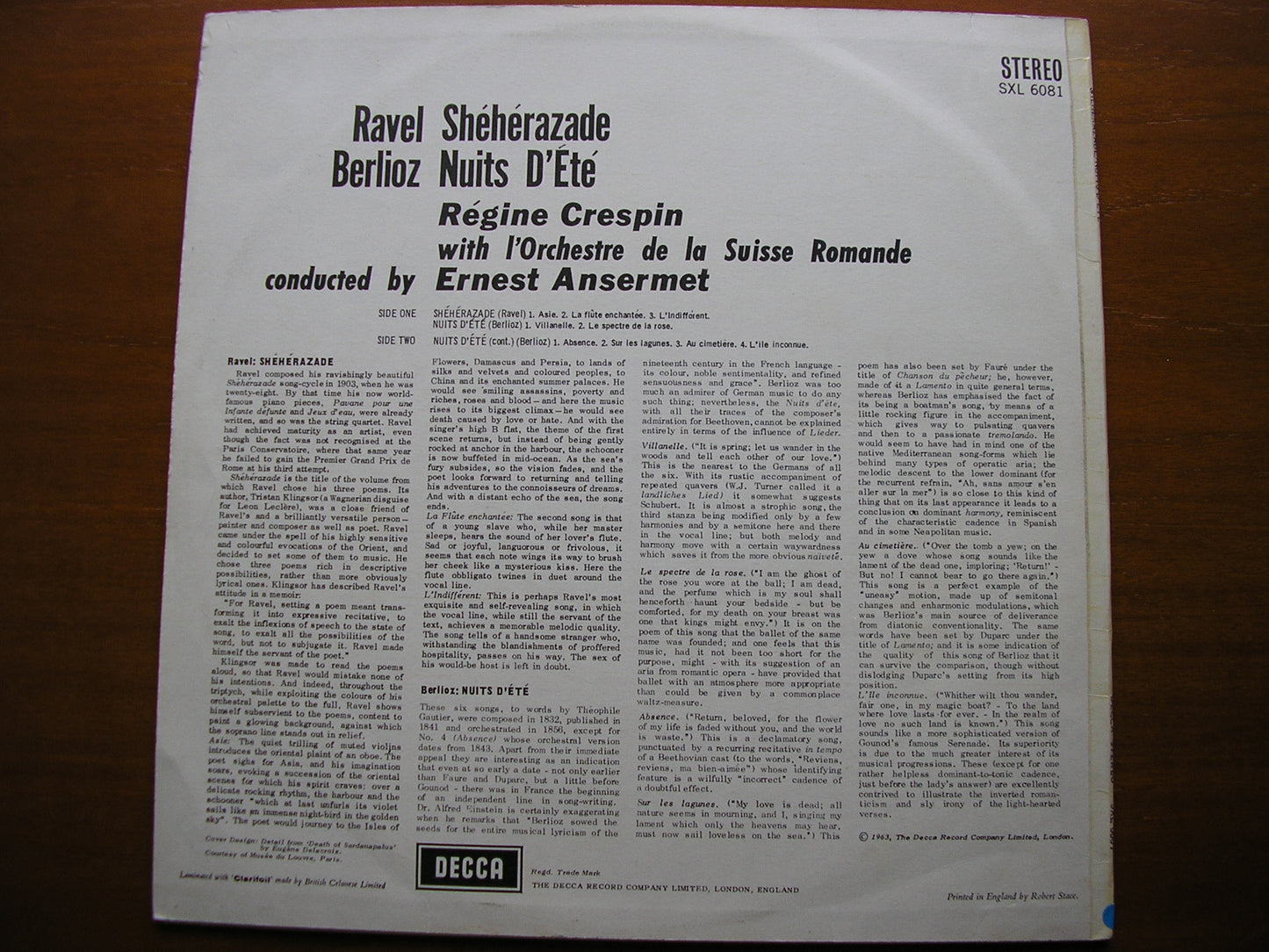 BERLIOZ: LES NUITS D'ETE / RAVEL: SHEHERAZADE REGINE CRESPIN / OSR / ANSERMET SXL 6081