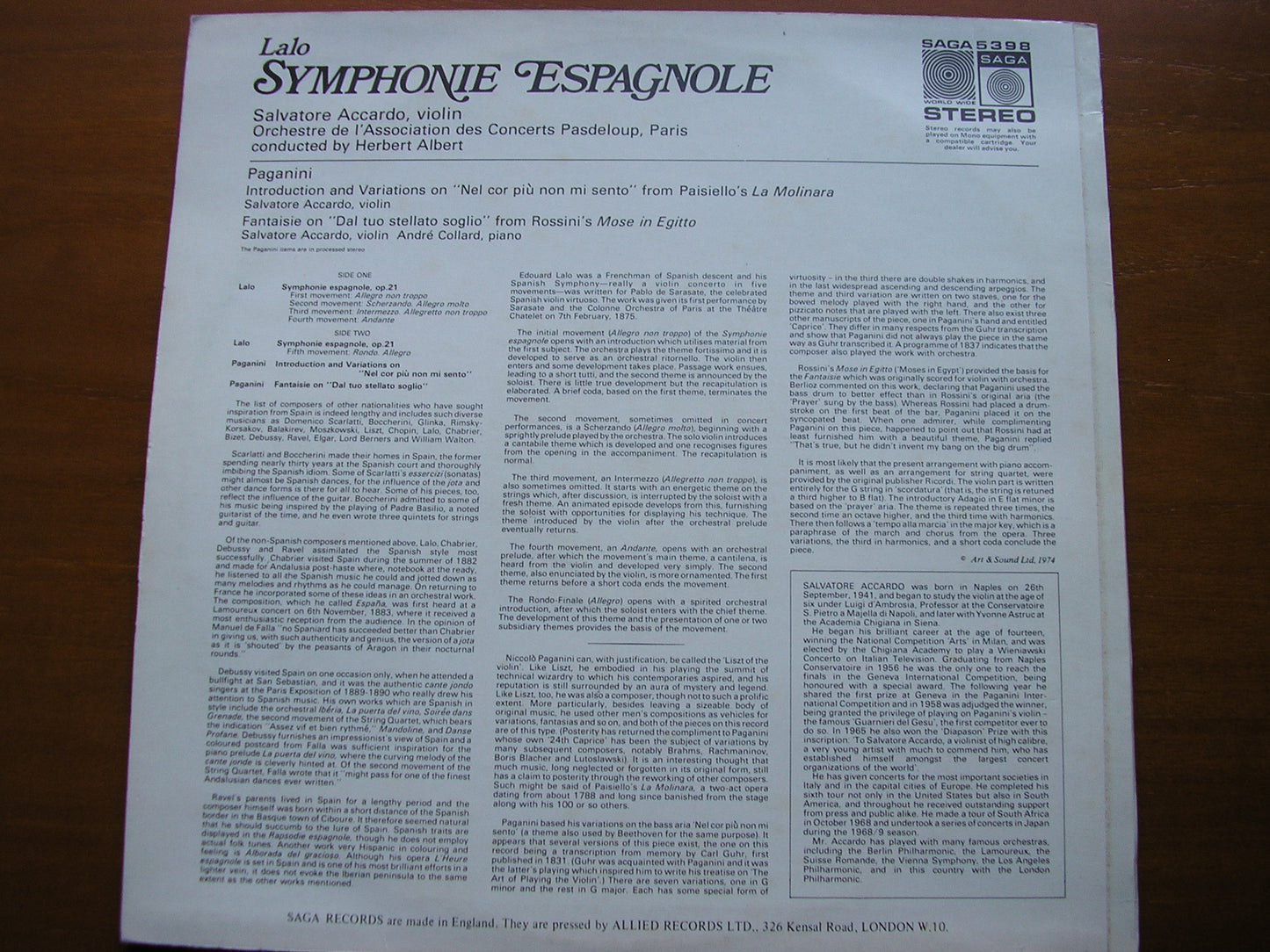 LALO: SYMPHONIE ESPAGNOLE / PAGANINI: FANTAISIE / INTRODUCTION & VARIATIONS      ACCARDO / PASDELOUP ORCHESTRA / ALBERT     SAGA 5398
