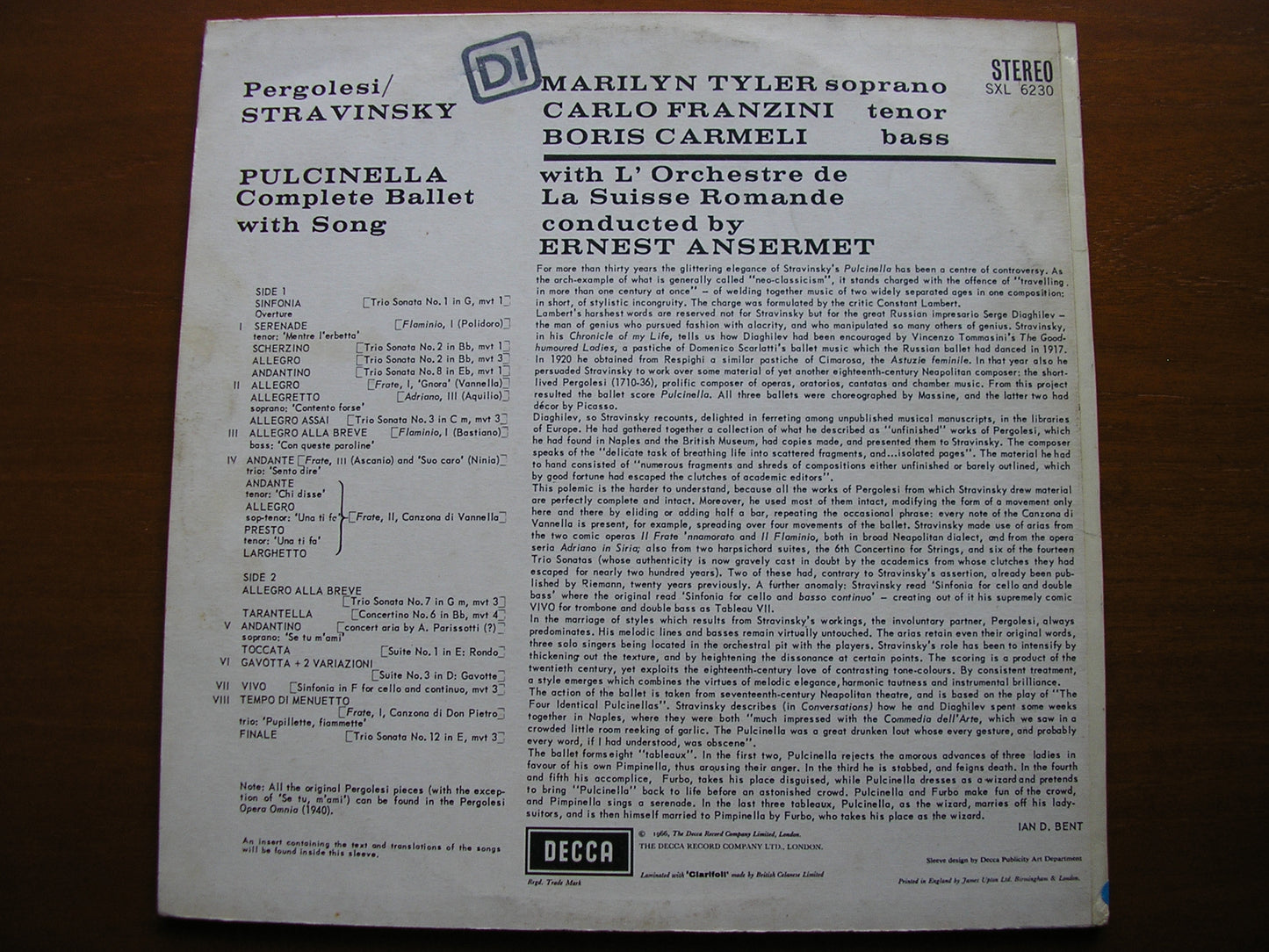 STRAVINSKY: PULCINELLA   SOLOISTS / SUISSE ROMANDE / ANSERMET   SXL 6230