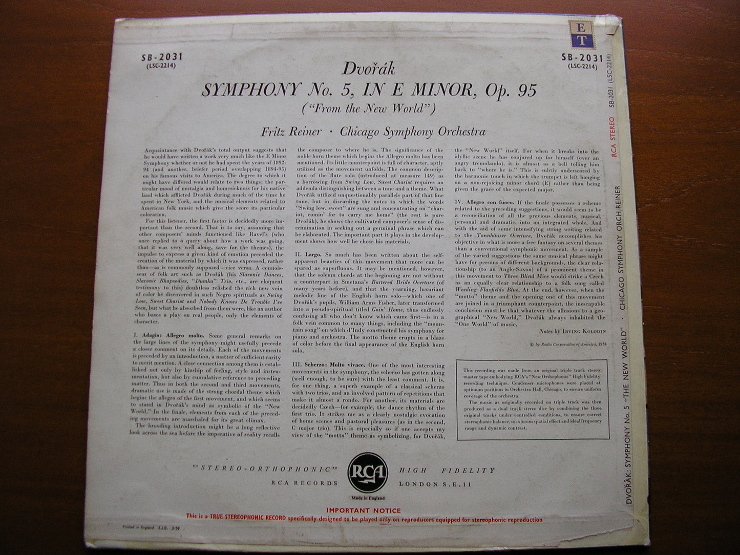 DVORAK: SYMPHONY No. 9 'New World'    REINER / CHICAGO SYMPHONY   SB 2031