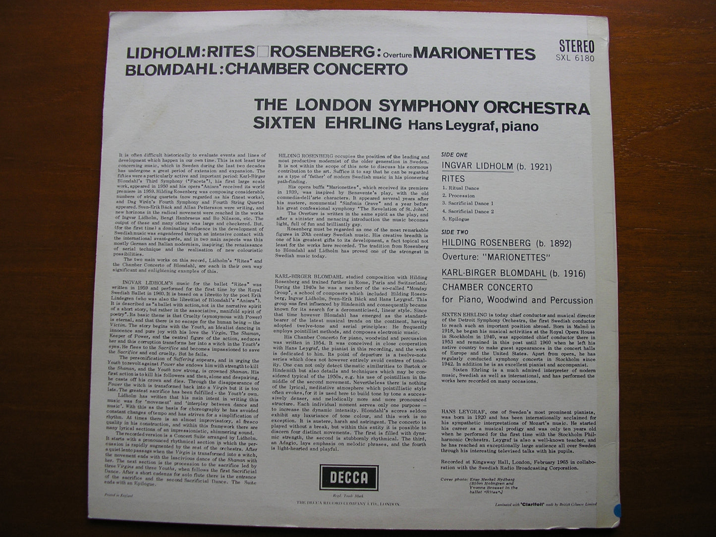 LIDHOLM / ROSENBERG / BLOMDAHL: ORCHESTRAL MUSIC    LEYGRAF / EHRLING / LONDON SYMPHONY   SXL 6180
