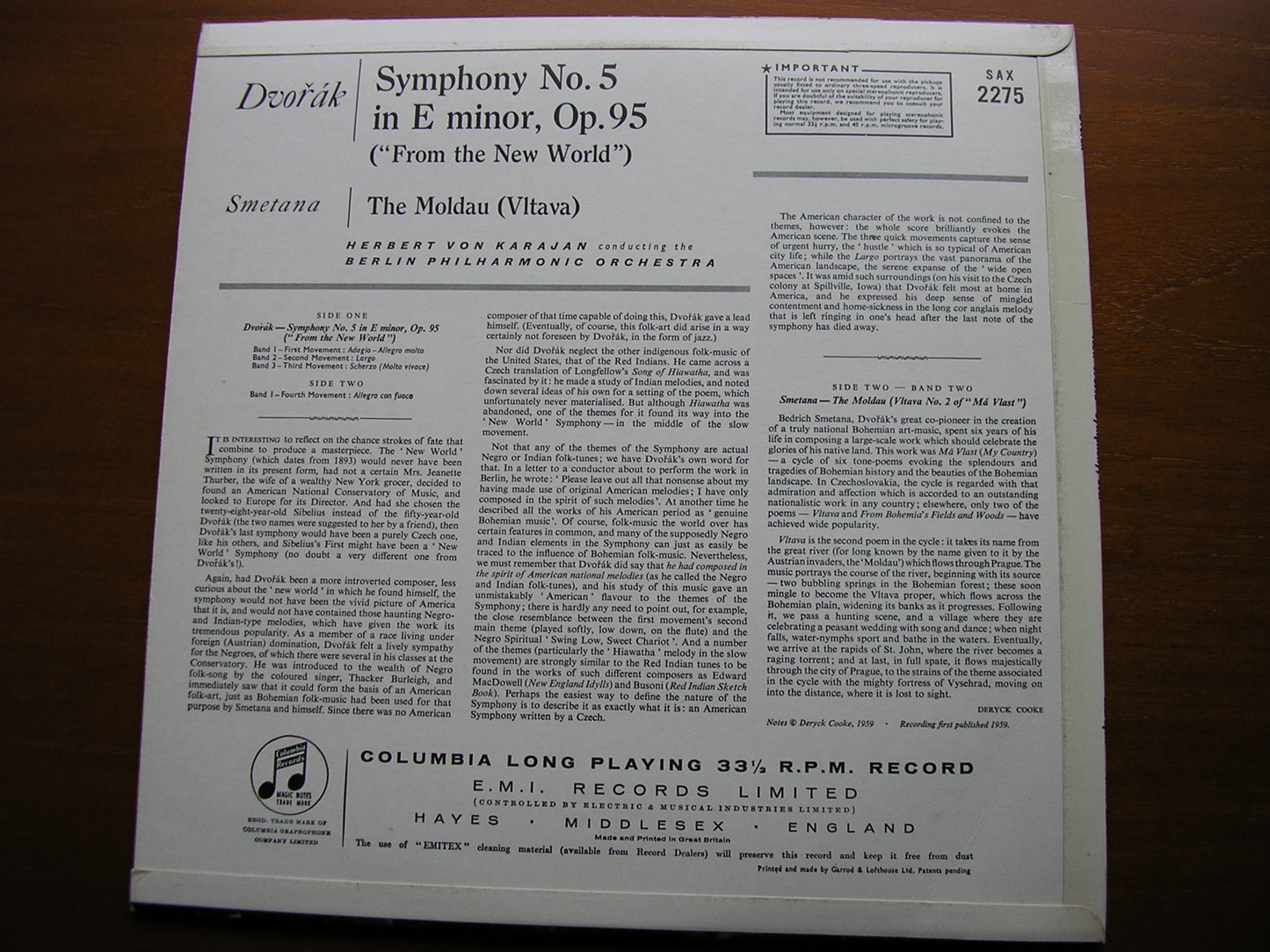 DVORAK: SYMPHONY No. 9 'New World' / SMETANA: The Moldau   KARAJAN / BERLIN PHILHARMONIC  SAX 2275