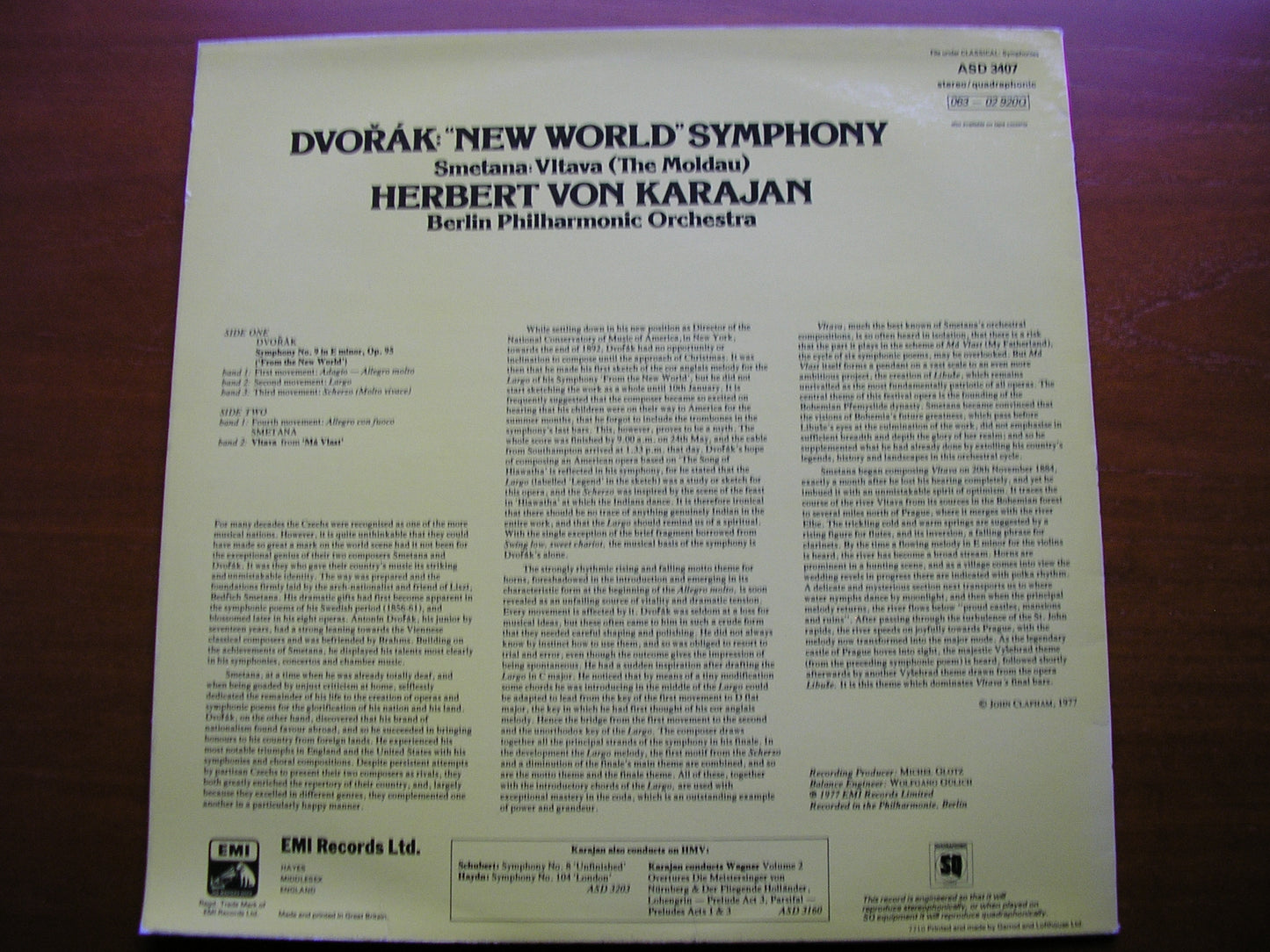 DVORAK: SYMPHONY No. 9 'New World' / SMETANA: The Moldau    KARAJAN / BERLIN PHILHARMONIC  ASD 3407