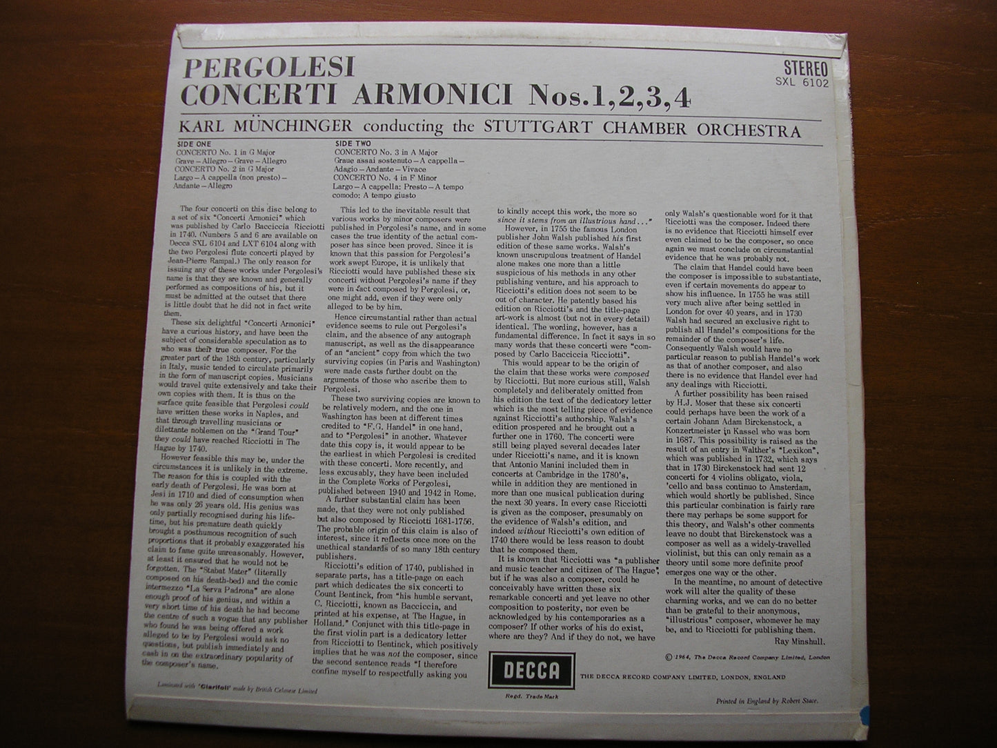 PERGOLESI: CONCERTI ARMONICI Nos. 1 - 4    MUNCHINGER / STUTTGART CHAMBER ORCHESTRA   SXL 6102