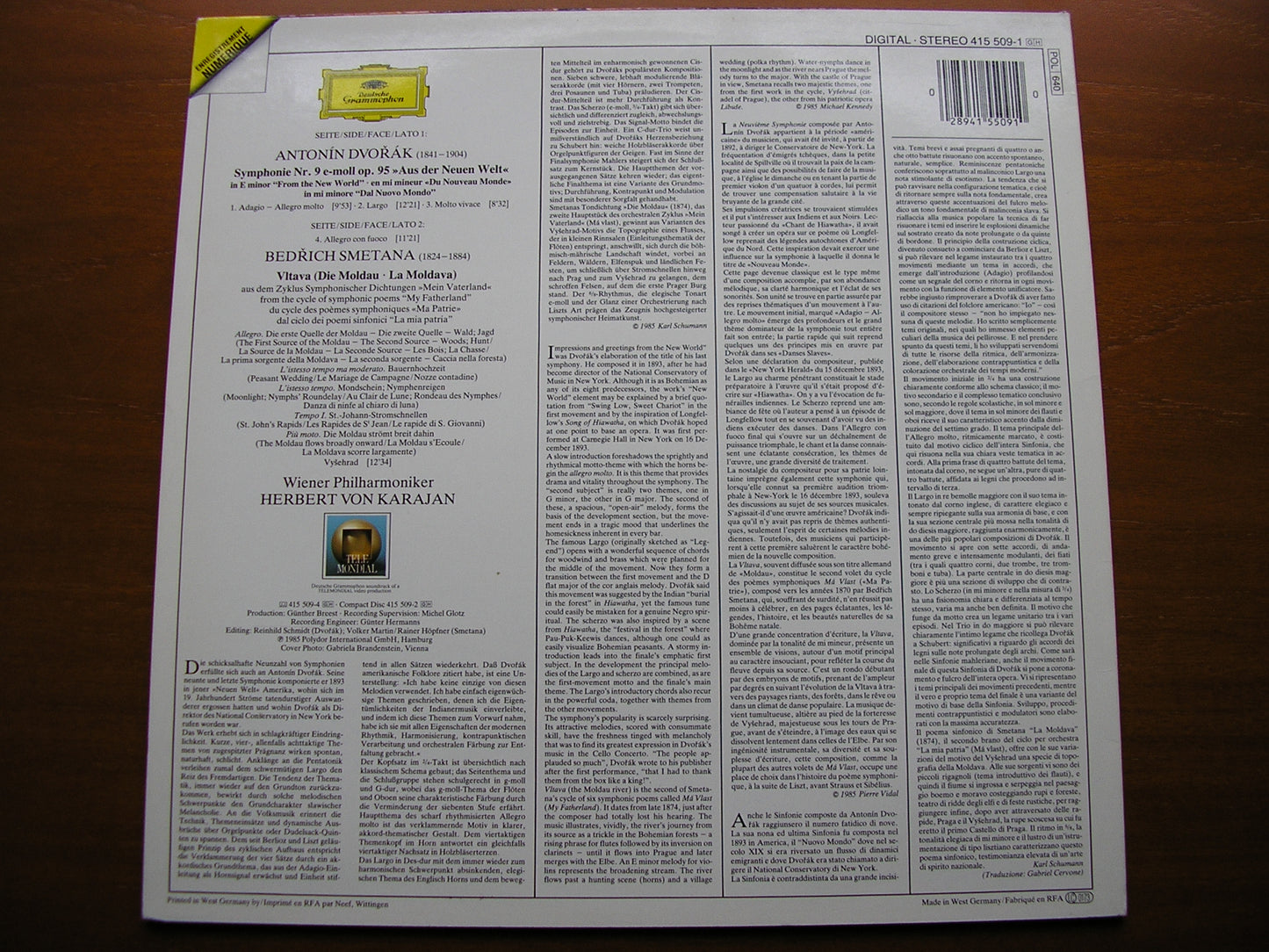 DVORAK: SYMPHONY No. 9 'New World' / SMETANA: The Moldau   KARAJAN / VIENNA PHILHARMONIC   415 509