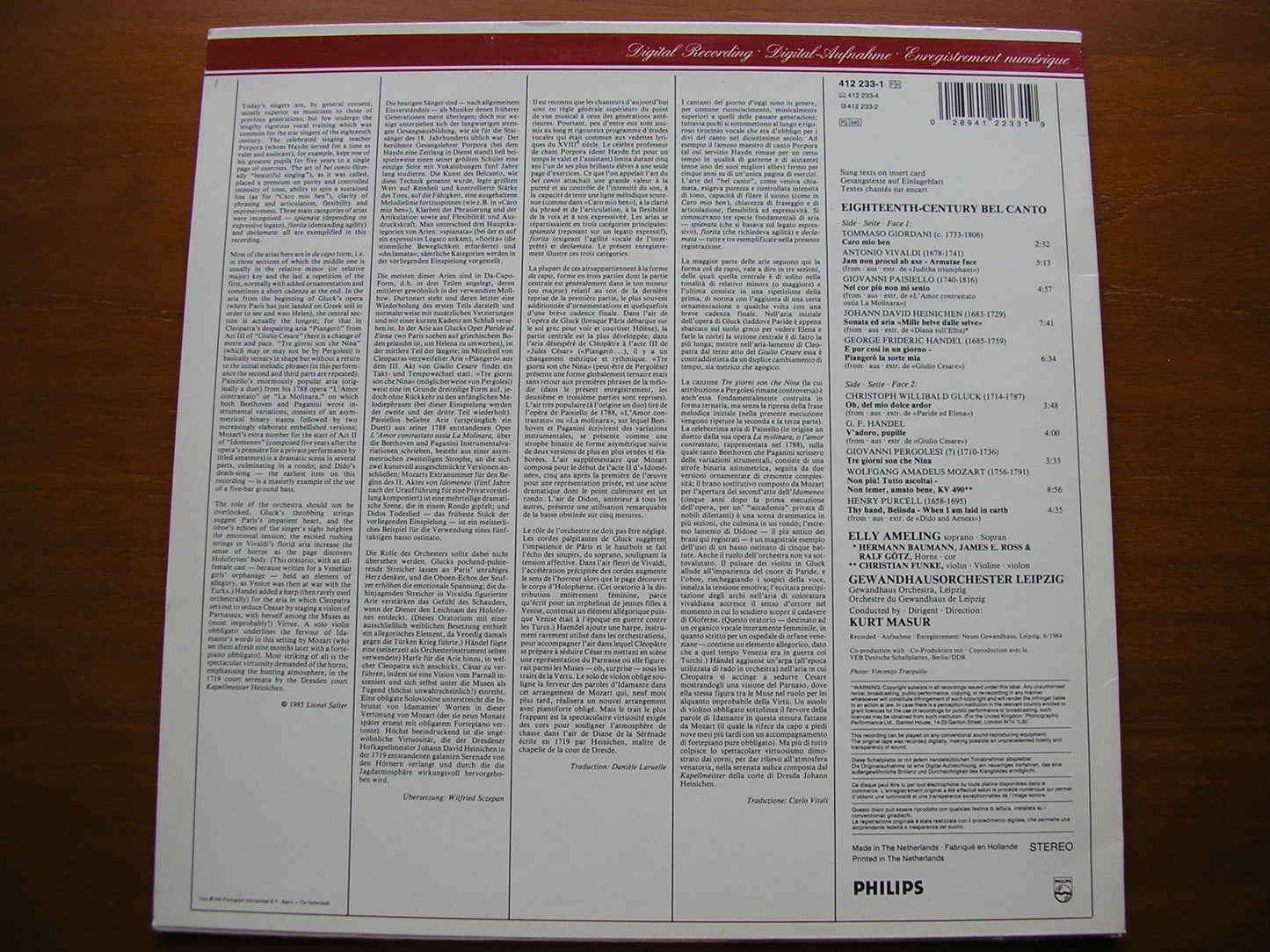 18th CENTURY BEL CANTO: ARIAS & SONGS   ELLY AMELING / LEIPZIG GEWANDHAUS ORCHESTRA / KURT MASUR    412 233