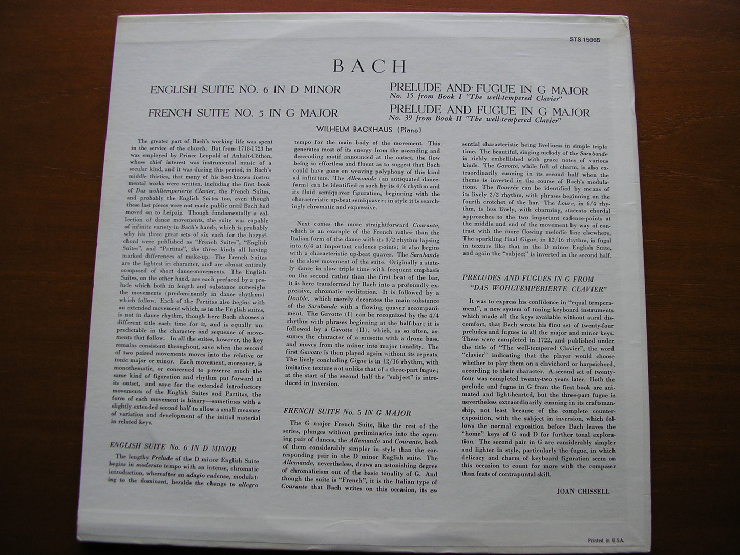 BACH: ENGLISH SUITE No. 6 / FRENCH SUITE No. 5 / PRELUDE & FUGUE Nos.15 & 39    BACKHAUS   STS 15065