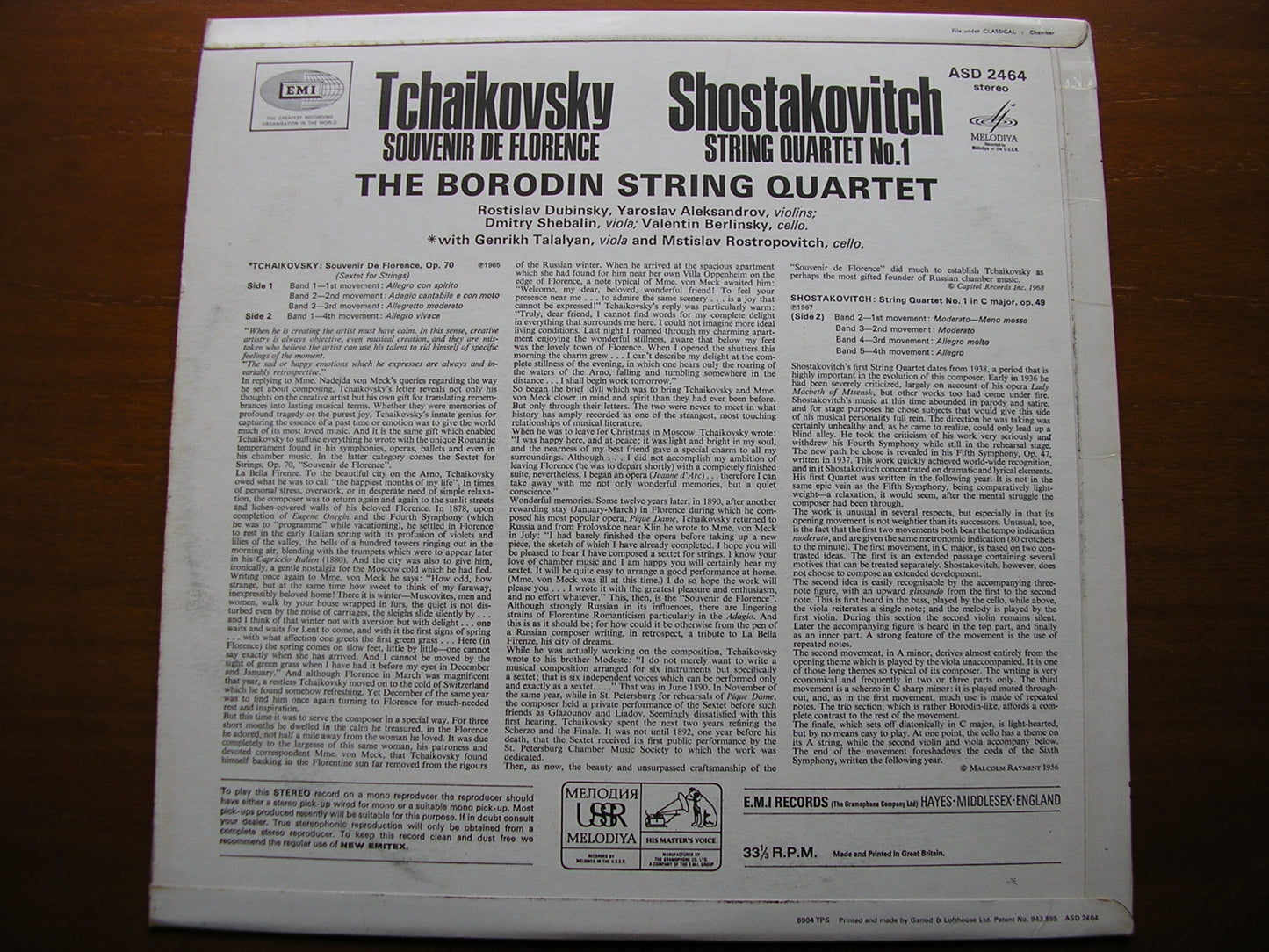TCHAIKOVSKY: SOUVENIR DE FLORENCE / SHOSTAKOVICH: STRING QUARTET No. 1  THE BORODIN QUARTET / ROSTROPOVICH   ASD 2464