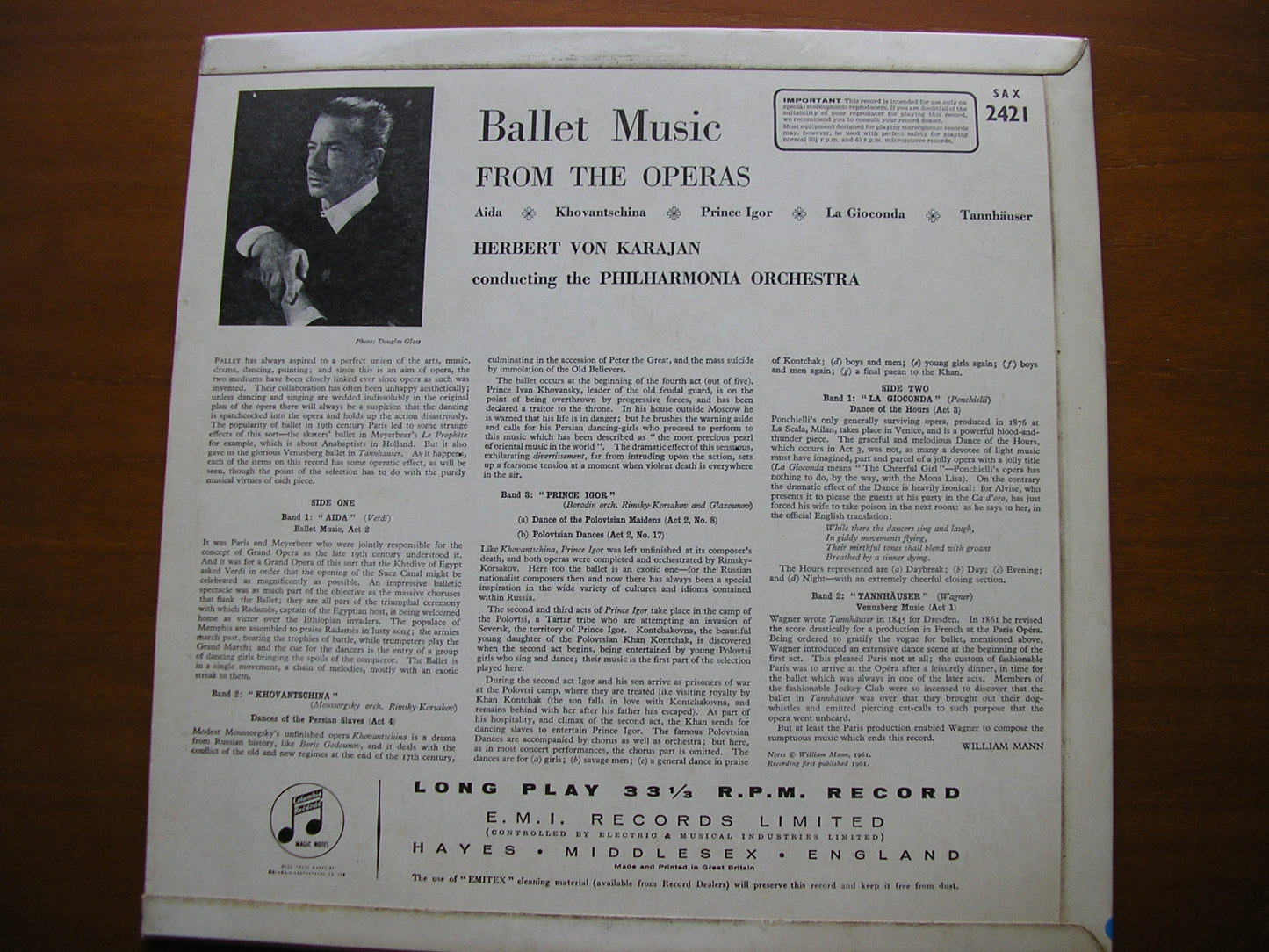 BALLET MUSIC FROM THE OPERAS: PONCHIELLI / VERDI / MUSSORGSKY / WAGNER / BORODIN      PHILHARMONIA / KARAJAN    SAX 2421