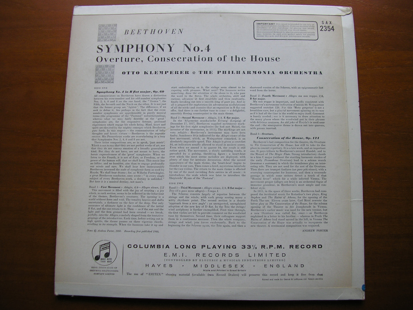 SAX 2354  BEETHOVEN: SYMPHONY No. 4 / OVERTURE Consecration of the House   OTTO KLEMPERER / PHILHARMONIA