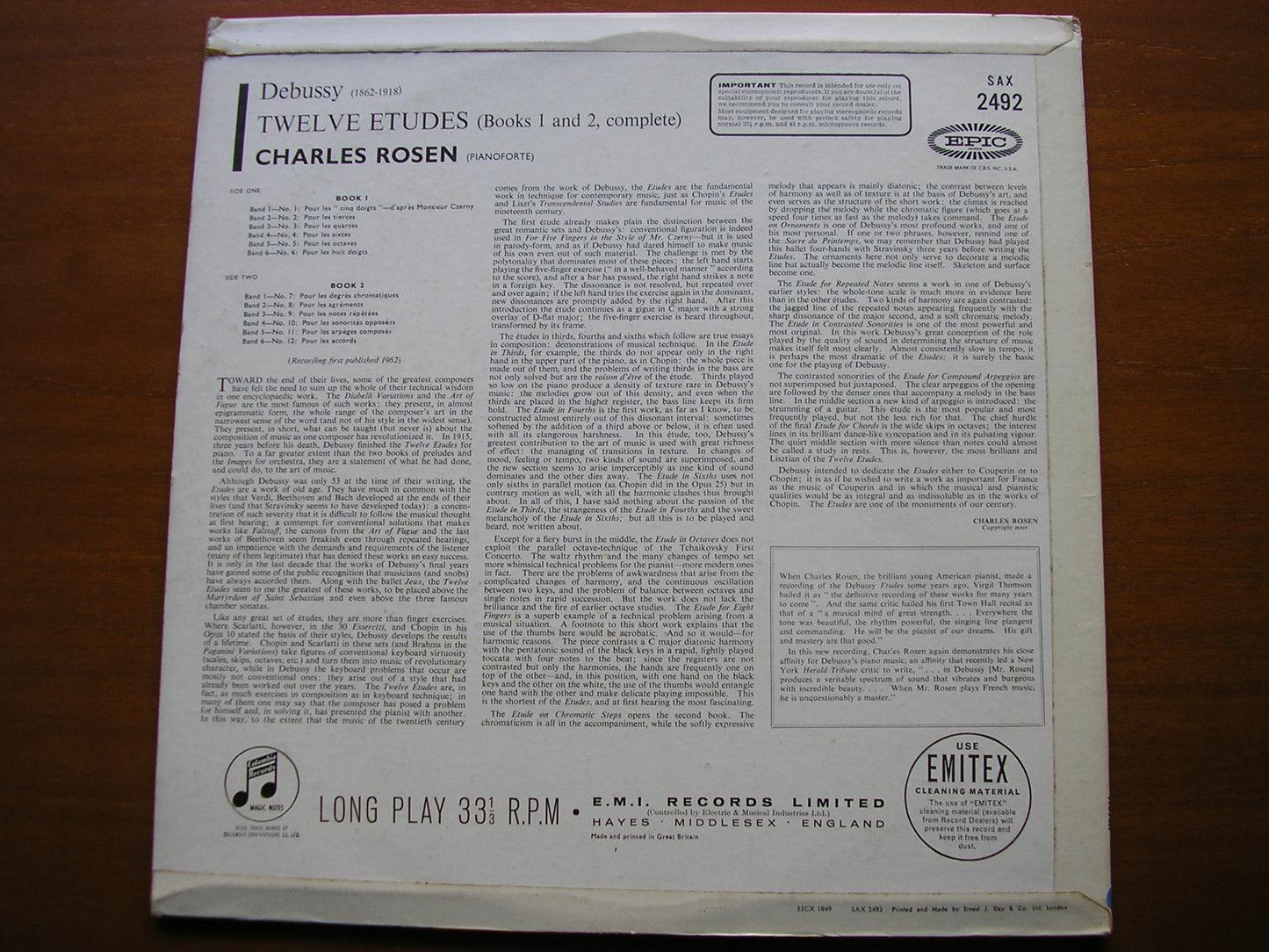 DEBUSSY: TWELVE ETUDES Books 1 & 2     CHARLES ROSEN      SAX 2492