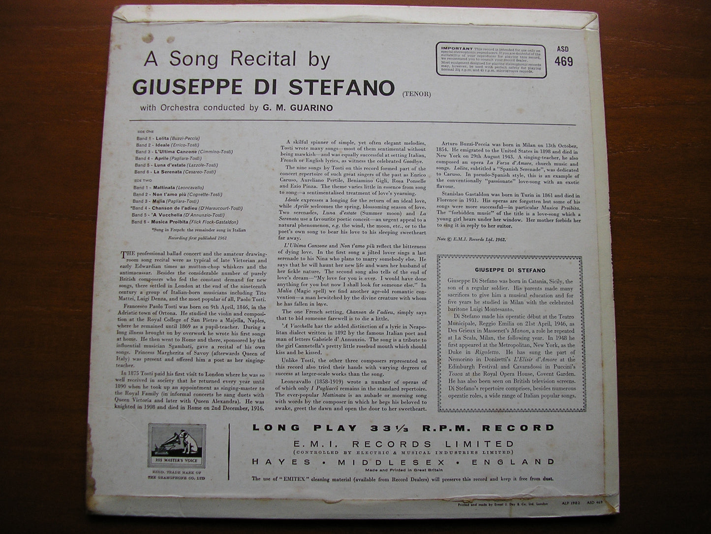ITALIAN SONG RECITAL BY GIUSEPPE DI STEFANO    ASD 469